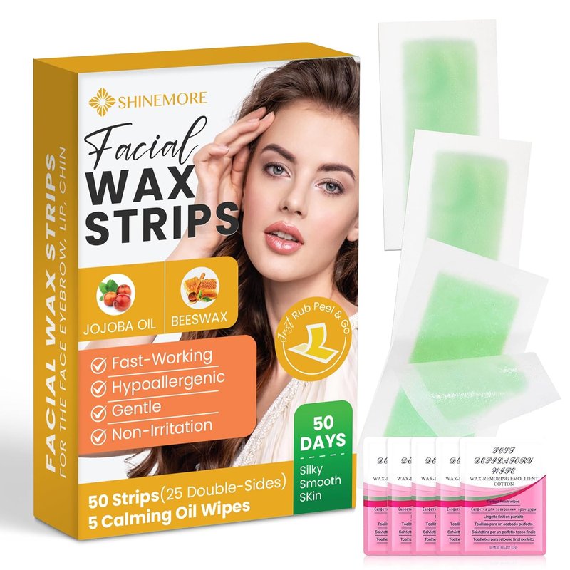 Facial Wax Strips for Hair Removal - Gentle, Hypoallergenic | 50 Strips + 5 Wipes for All Skin Types