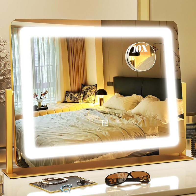 LED Vanity Mirror with Lights - 17" x 22" Lighted Makeup Mirror with 10X Magnification | 3 Color Modes & Dimmable - Gold Finish
