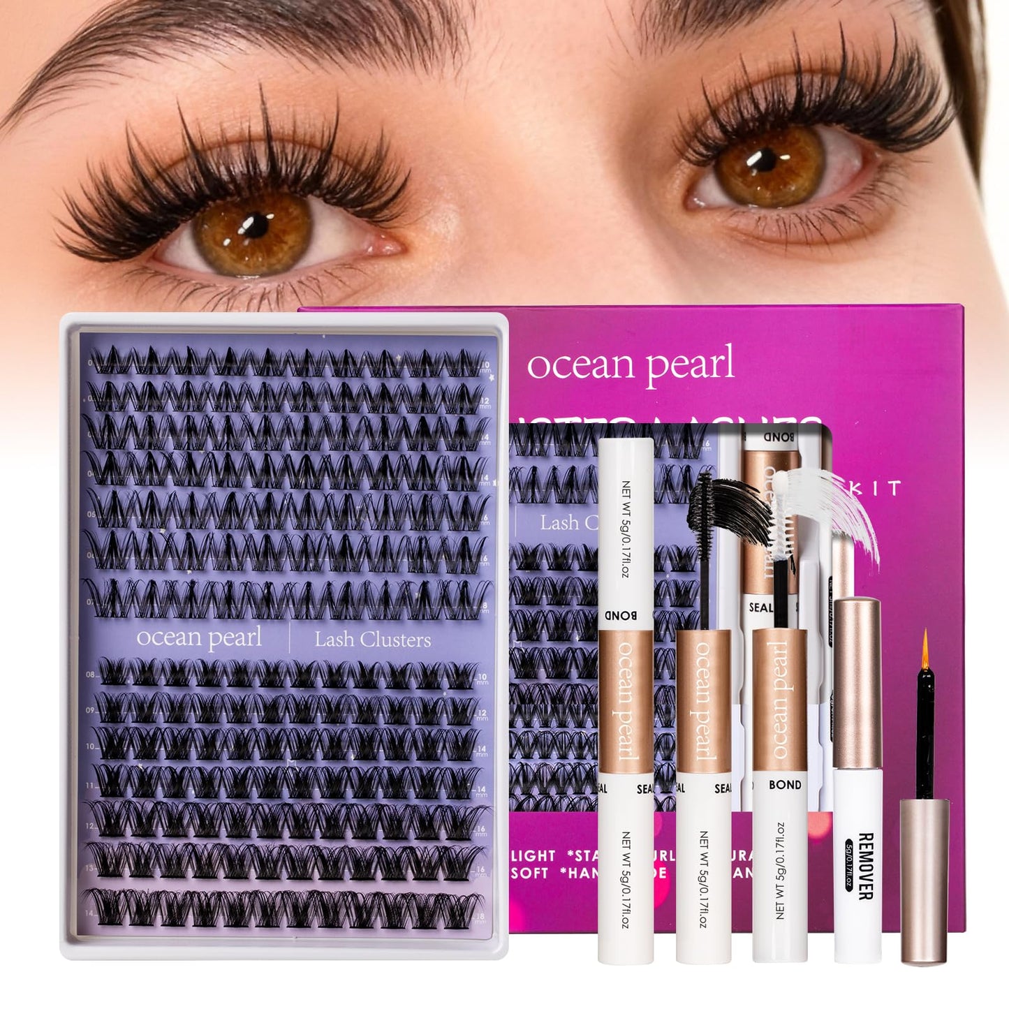 Ocean Pearl Lash Clusters Kit 154pcs,10-18mm manga/anime-inspired lashes clusters,spike-effect cluster lashes,Eyelashes,DIY Cluster Eyelash Extensions kit with lash bond+seal+remover+tweezers-M31+M34