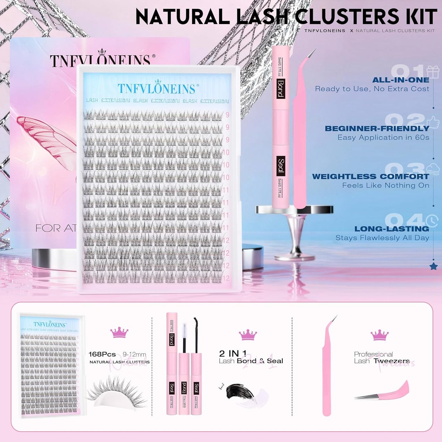 Natural Lash Extension Kit - 168Pcs Wispy Individual Lashes 9-12MM | Bond, Seal Glue & Tweezers for DIY Home Use
