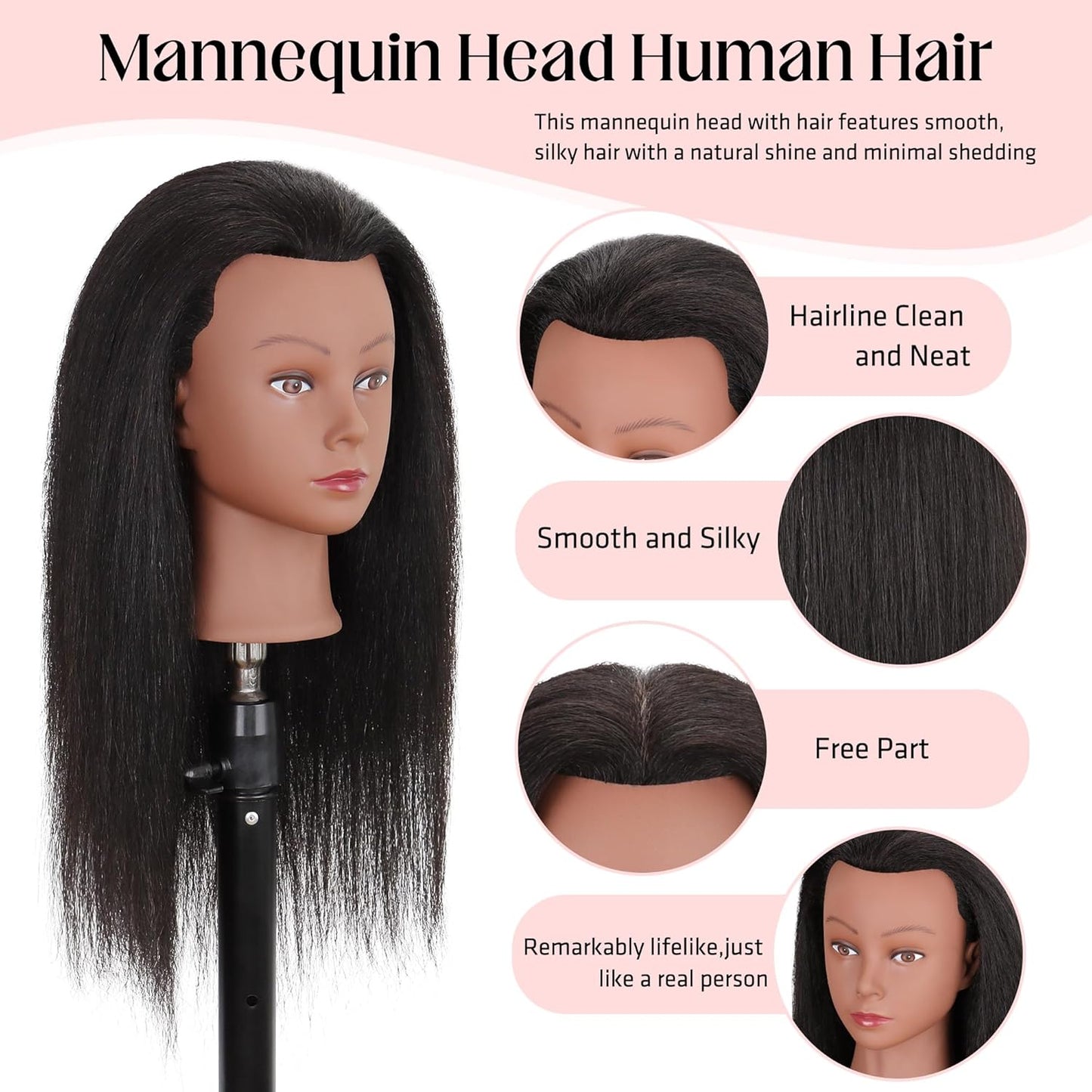 Mannequin Head - 100% Real Human Hair 16” Cosmetology Doll Head for Hair Styling & Braiding | Black