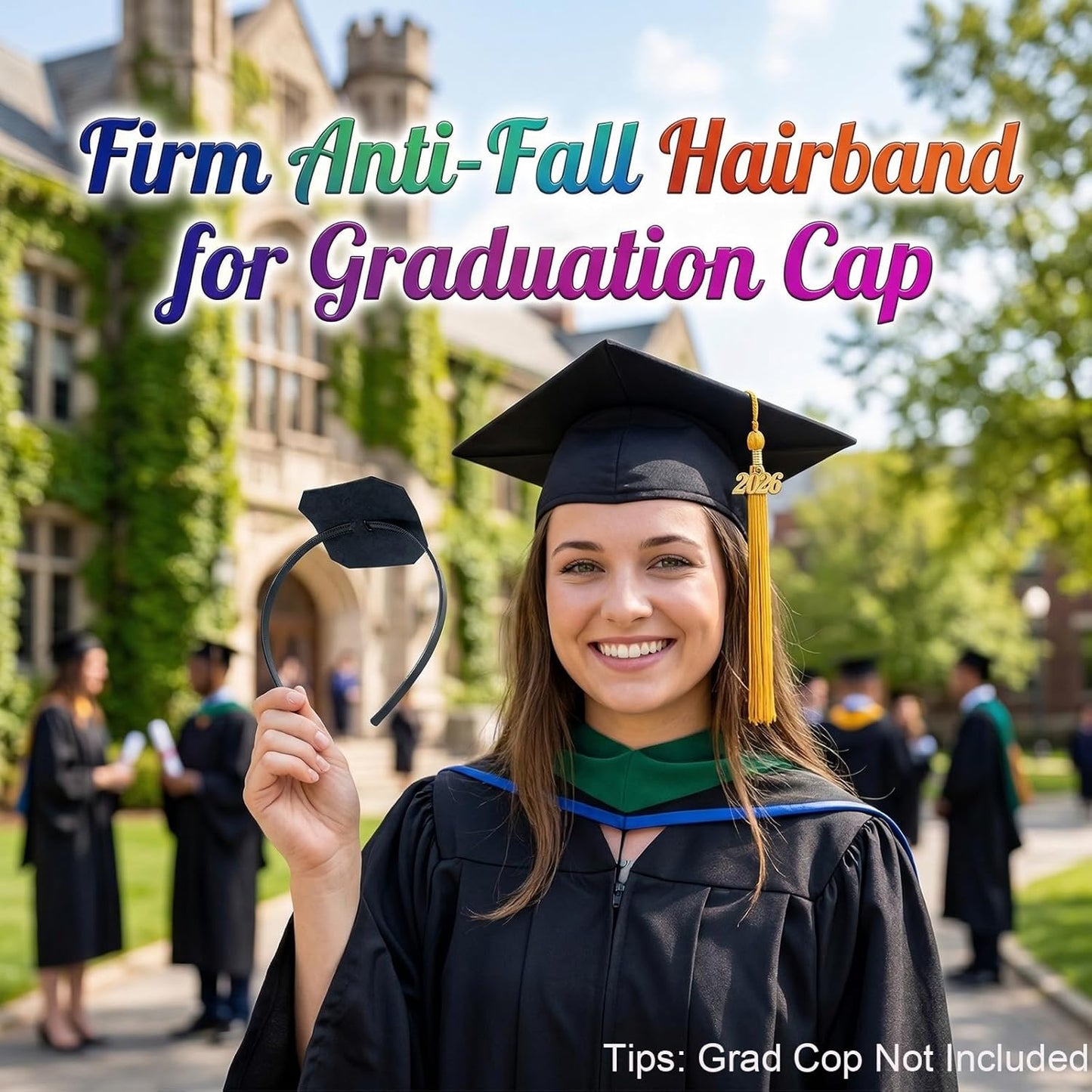 Graduation Cap Headband - Anti-Fall Firm Hairband Holder for Students | Black