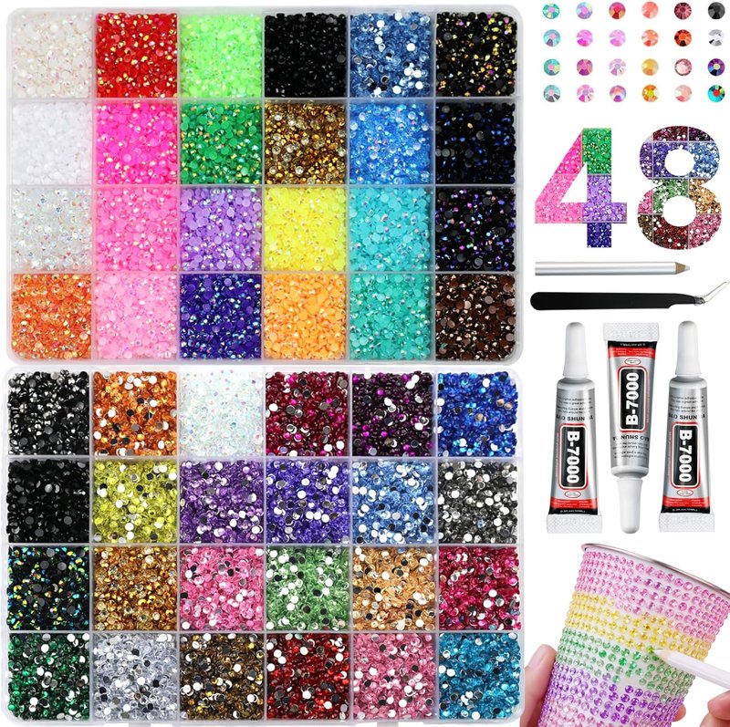 Resin Rhinestones Bedazzling Kit - 48 Color 3mm Flatback Gems for Crafting | Includes 3Pcs 10ml Jewelry Glue & Tools