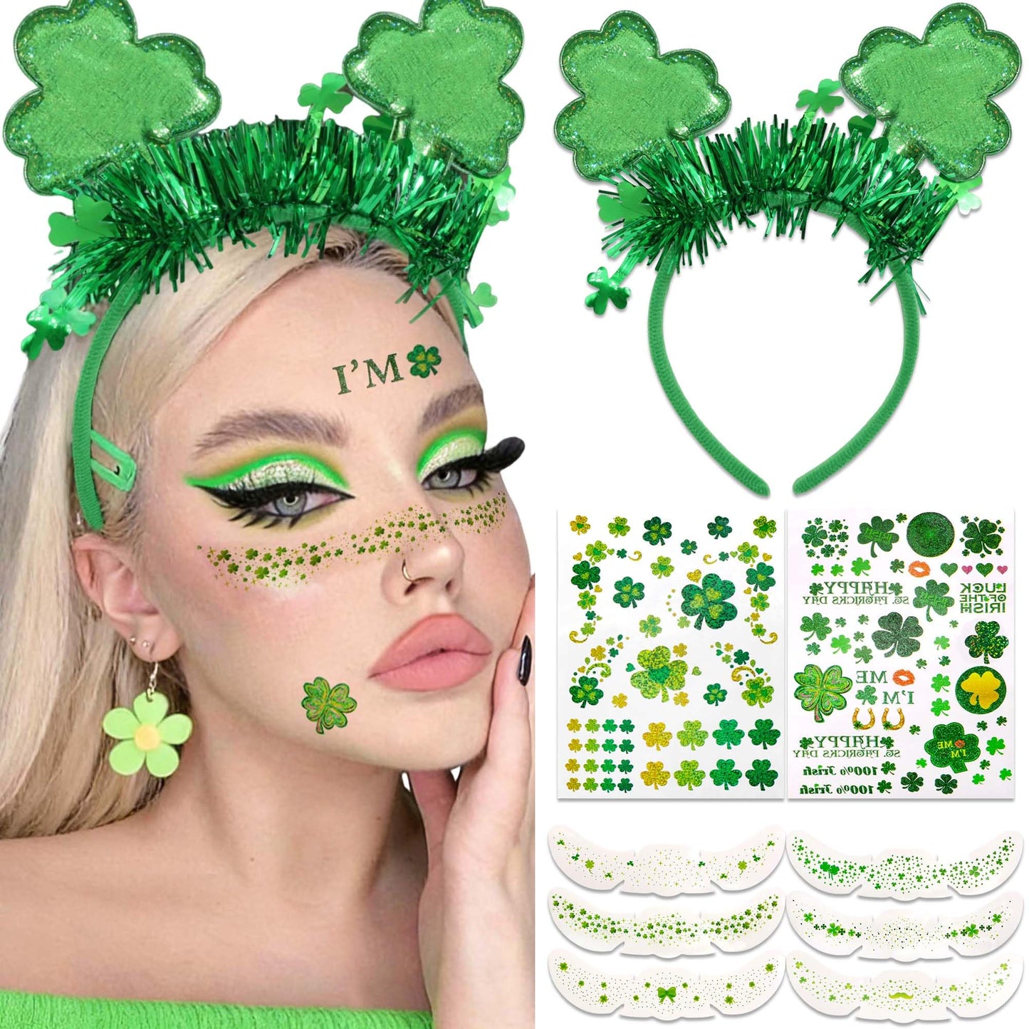 STGDAK St. Patrick's Day Headbands Shamrock Hair Bands Glitter Green Sequin Head Band Clover St. Patrick's Day Hair Accessories For Women Girls Hair Face Irish Party Favors