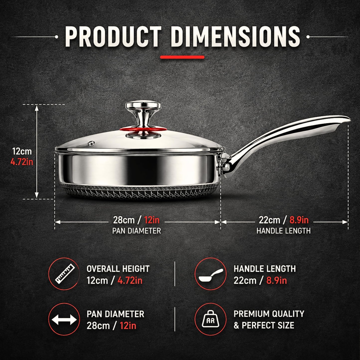 Nonstick Frying Pan 12 Inch with Lid, Stainless Steel Honeycomb Nonstick Skillet, Tri-Ply PFAS Free Cookware, Induction Fry Pan, Oven & Dishwasher Safe, Compatible with All Cooktops