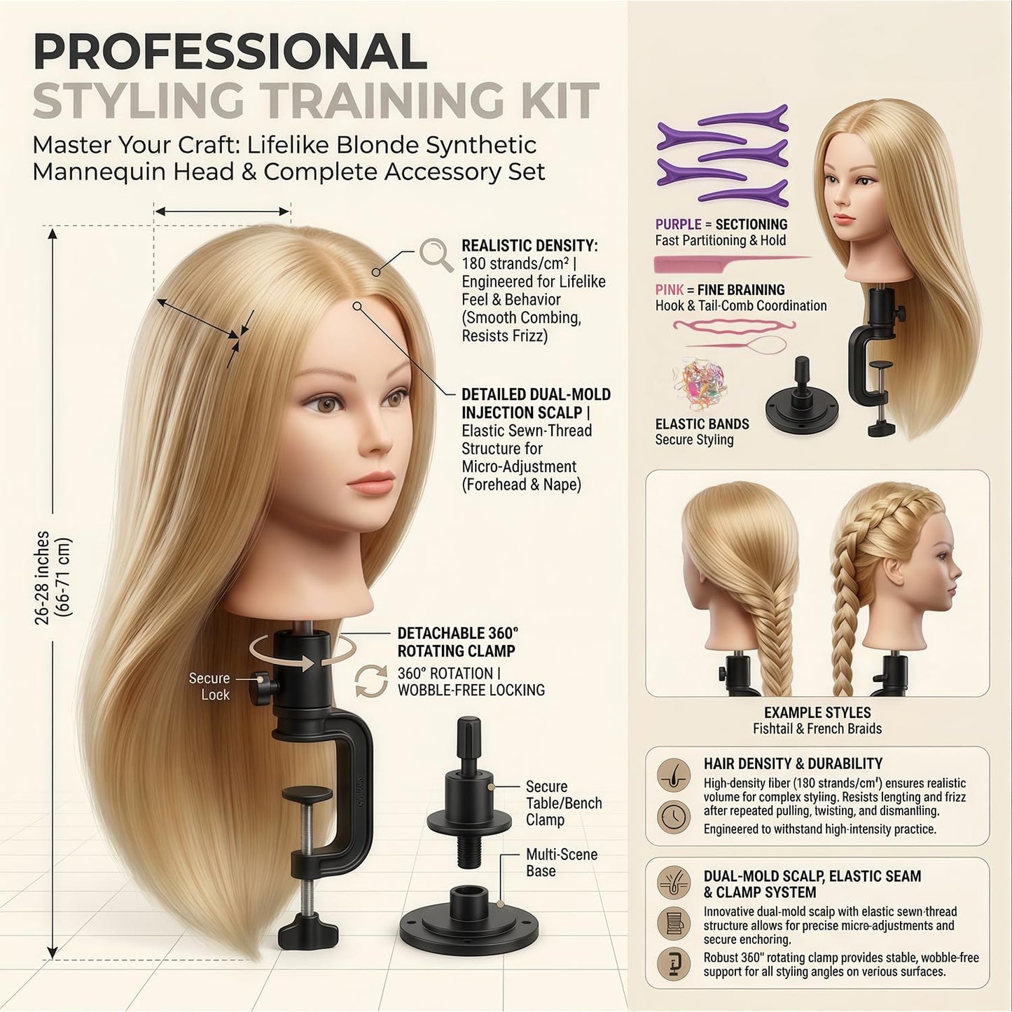 Human Hair Mannequin Head - 26 Inch Braiding Practice Head with Clamp Stand for Cosmetology & Kids | Golden