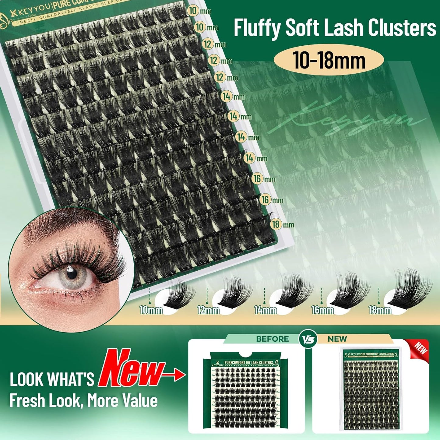 KEYYOU Eyelash Clusters - 132pcs D Curl DIY Lash Extensions | Thick, Soft, Wispy Mix (10-18mm)