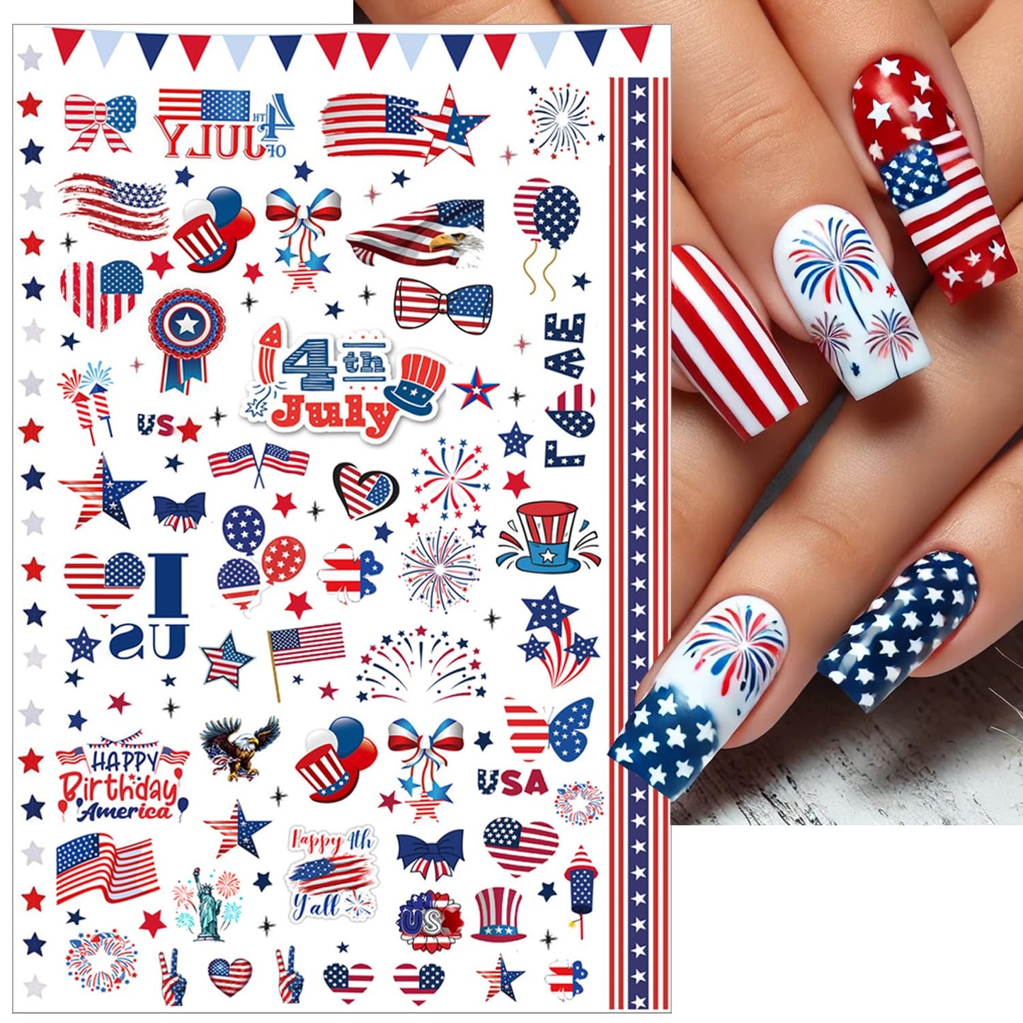 6pcs 4th of July Nail Stickers 3D Nail Decals Independence Day Nail Art Sticker for USA Flags Heart Star Stripe Letters Fireworks Nails Design Adhesive Sticker Patriotic Manicure Decorations for Women