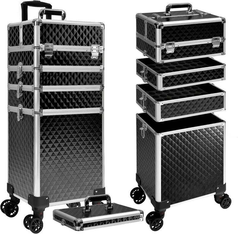 Rolling Makeup Train Case - 5 in 1 Professional Cosmetic Organizer on Wheels | Large Black Storage for Hairstylists & Artists