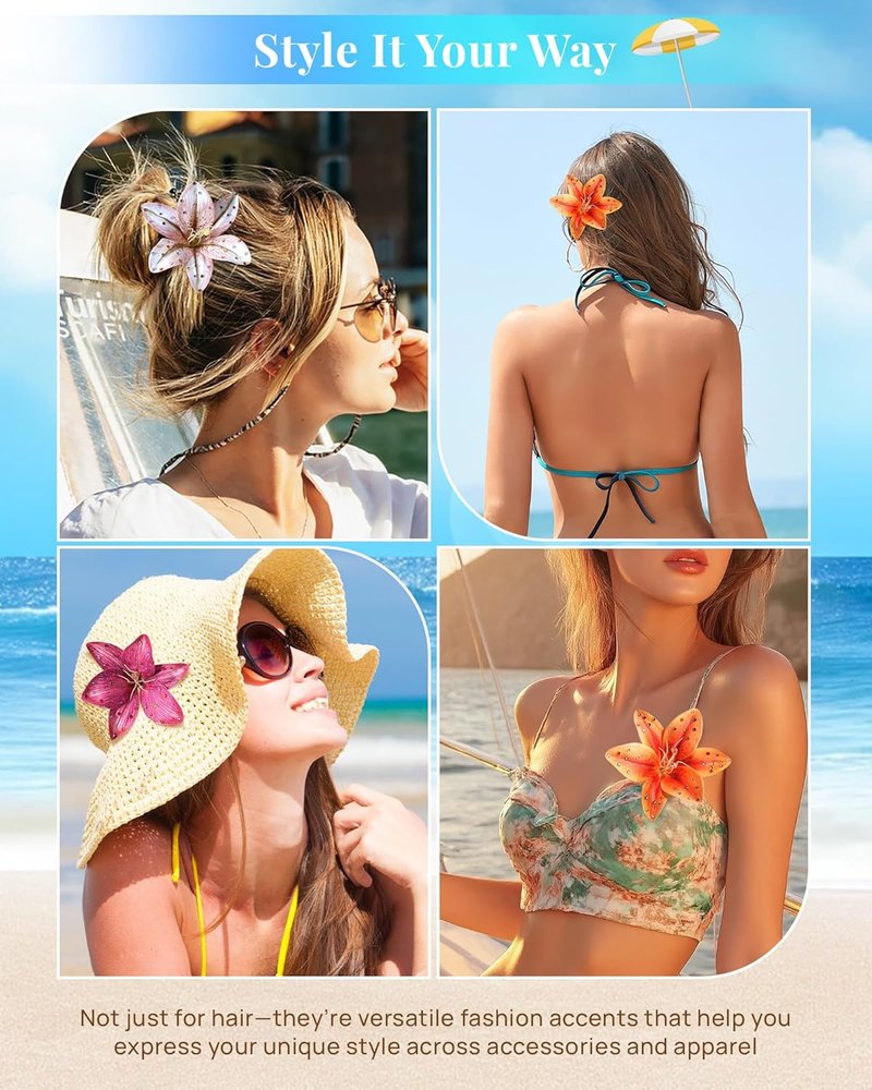 Hawaiian Flower Hair Clips - 3 Pack Tropical Orchid Hair Pins | Rhinestone Accessories for Weddings & Beach Parties (Orange Lily)