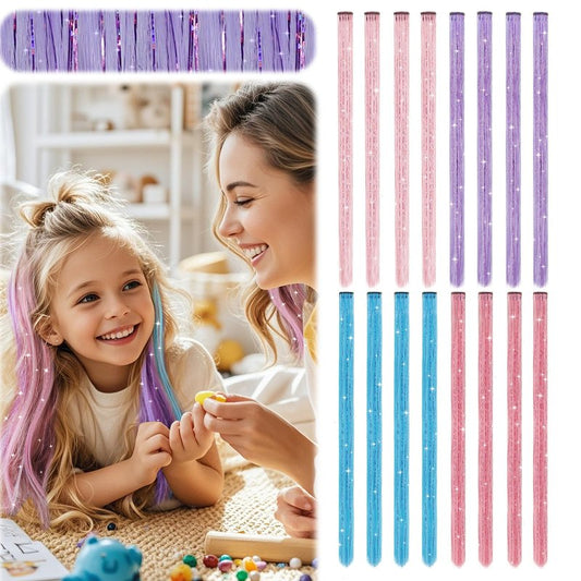 Z-CHARMMY Fairy Hair Tinsel Kit for Girls, Clip in Colored Hair Extensions for Kids, Mermaid Hair Accessories for Kids, Glitter Tinsel Extensions for Summer Camp, 16 Pieces