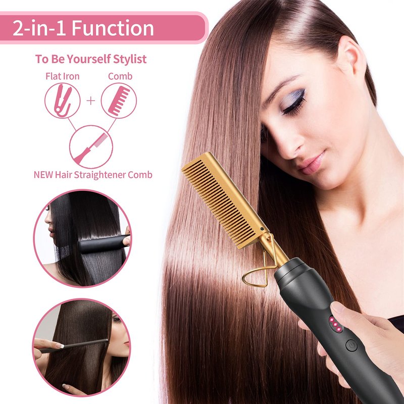 Electric Hot Comb Hair Straightener - Pressing Combs, Ceramic Hair Straightening Comb, Curling Iron for Natural Black Hair Men Beard or Holiday Gift - Glod 3 In1