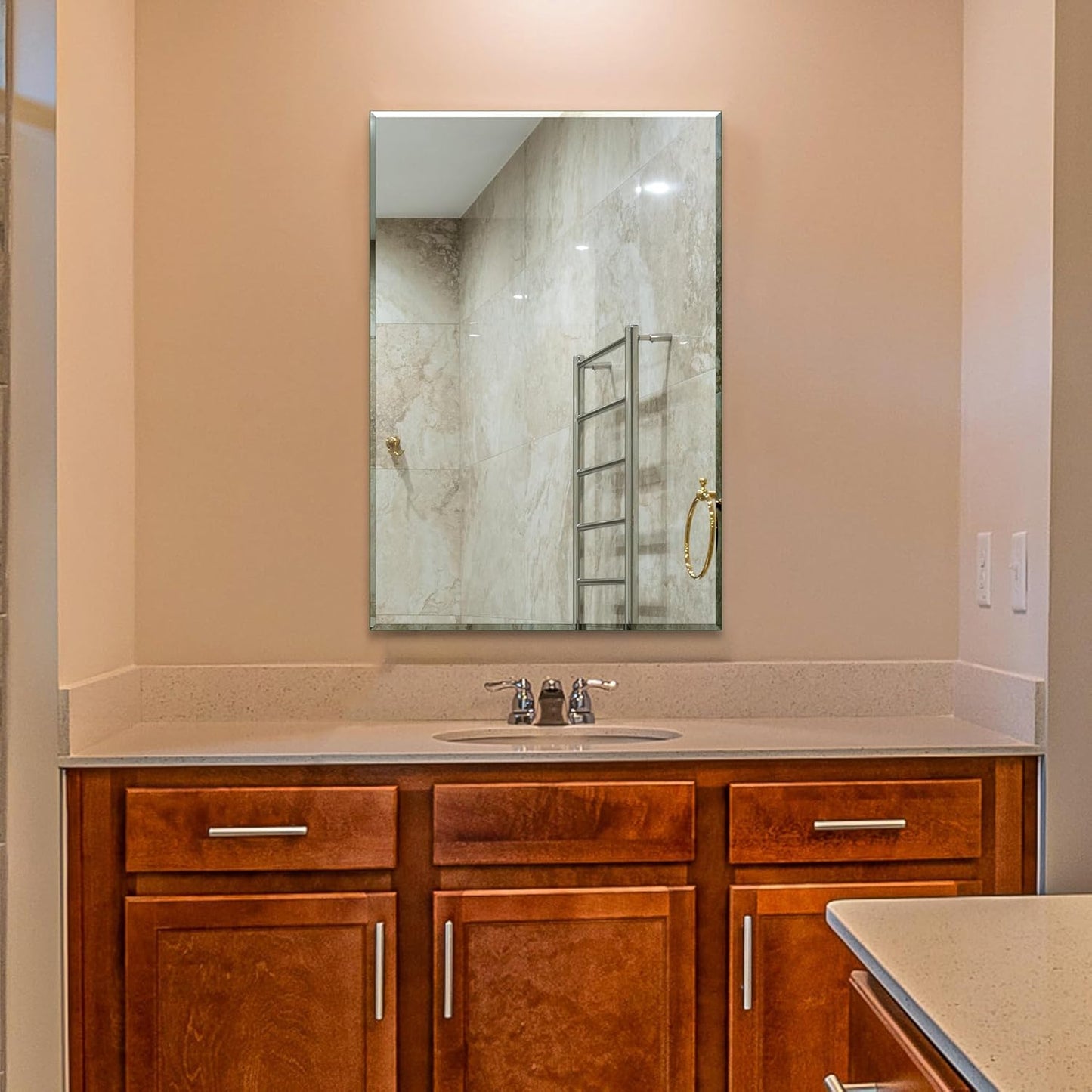 Frameless Bathroom Mirror - Rectangle Beveled Edge, Shatterproof Tempered Glass | 24" x 16" for Versatile Hanging