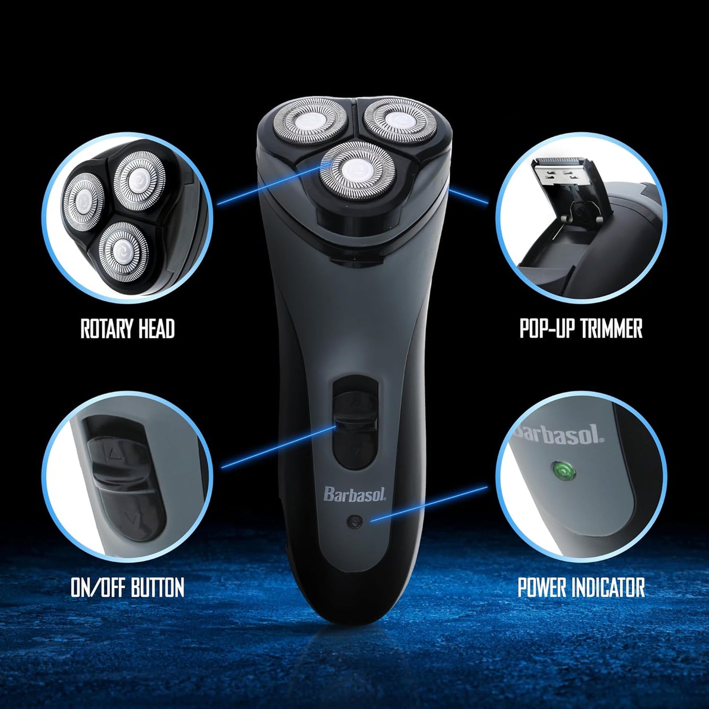 Barbasol Rotary Shaver - Rechargeable Electric Razor with Stainless Steel Blades | Pop-Up Trimmer, 45 Min Run-Time
