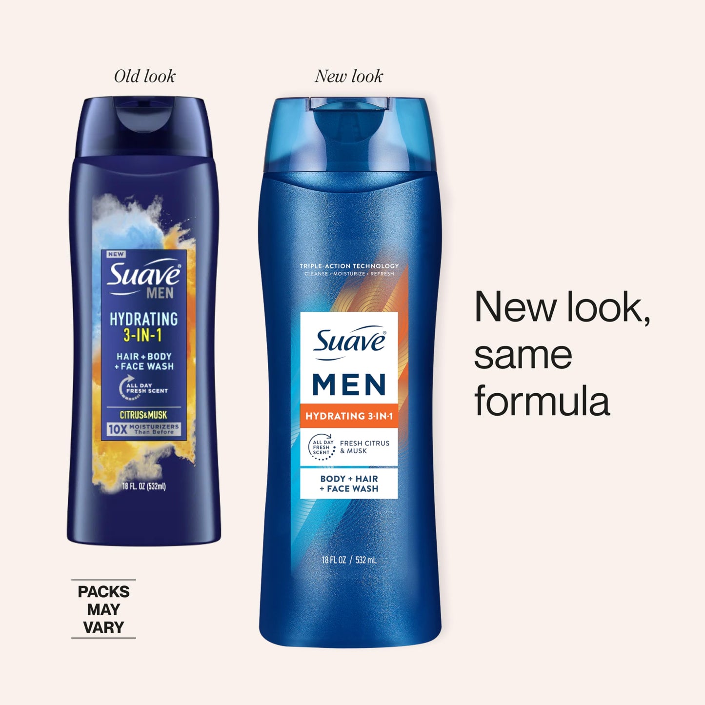 Suave Men Hydrating 3-in-1 Body + Hair + Face Wash with Glycerin & Vitamin E, Cleanse, Moisturize, Refresh, No Parabens or Pthalatates, Long-Lasting Fragrance, 18 FL OZ