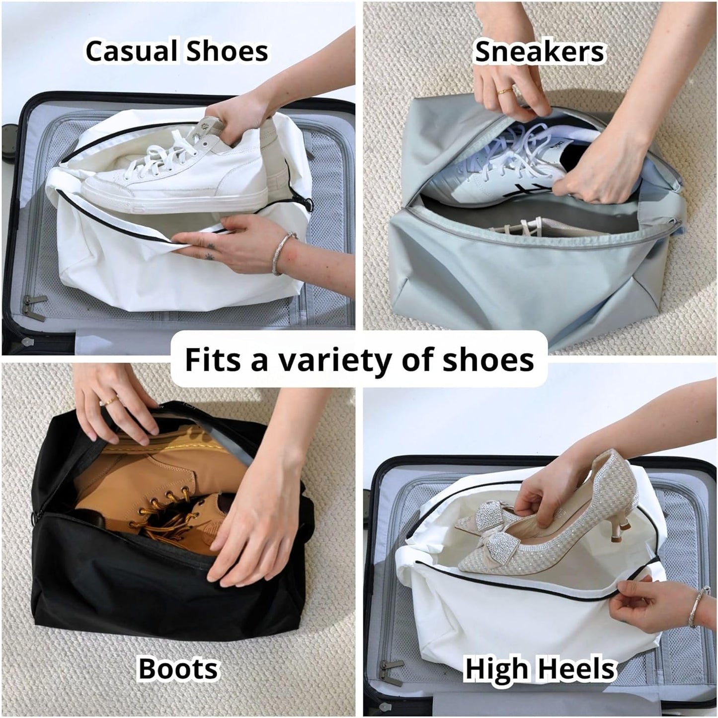 Double-Layer Waterproof Travel Shoe Bag - Comfortable Handle, White | Wide Opening Design