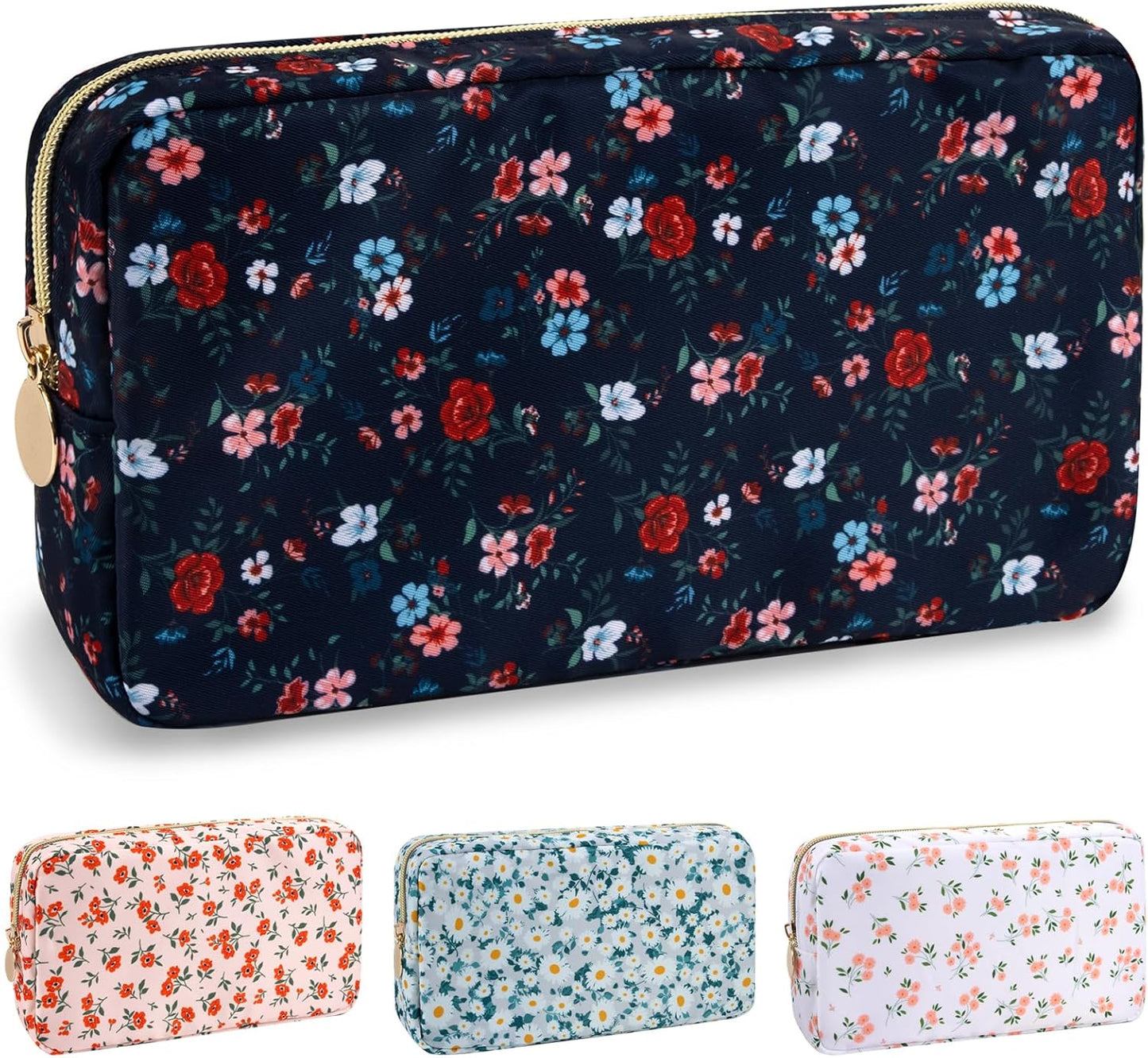 Floral Makeup Bag - Cute Pink Nylon Zipper Pouch for Travel | Waterproof Cosmetic Organizer for Women