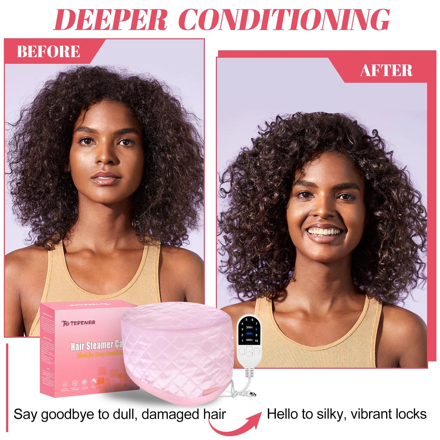 TEPENAR Hair Steamer for Deep Conditioning: Upgraded Heat Cap with 10-Level Fast Heating 3 Time Settings for Natural Hair Portable Thermal Steam Cap for Home Hair Treatment - Pink