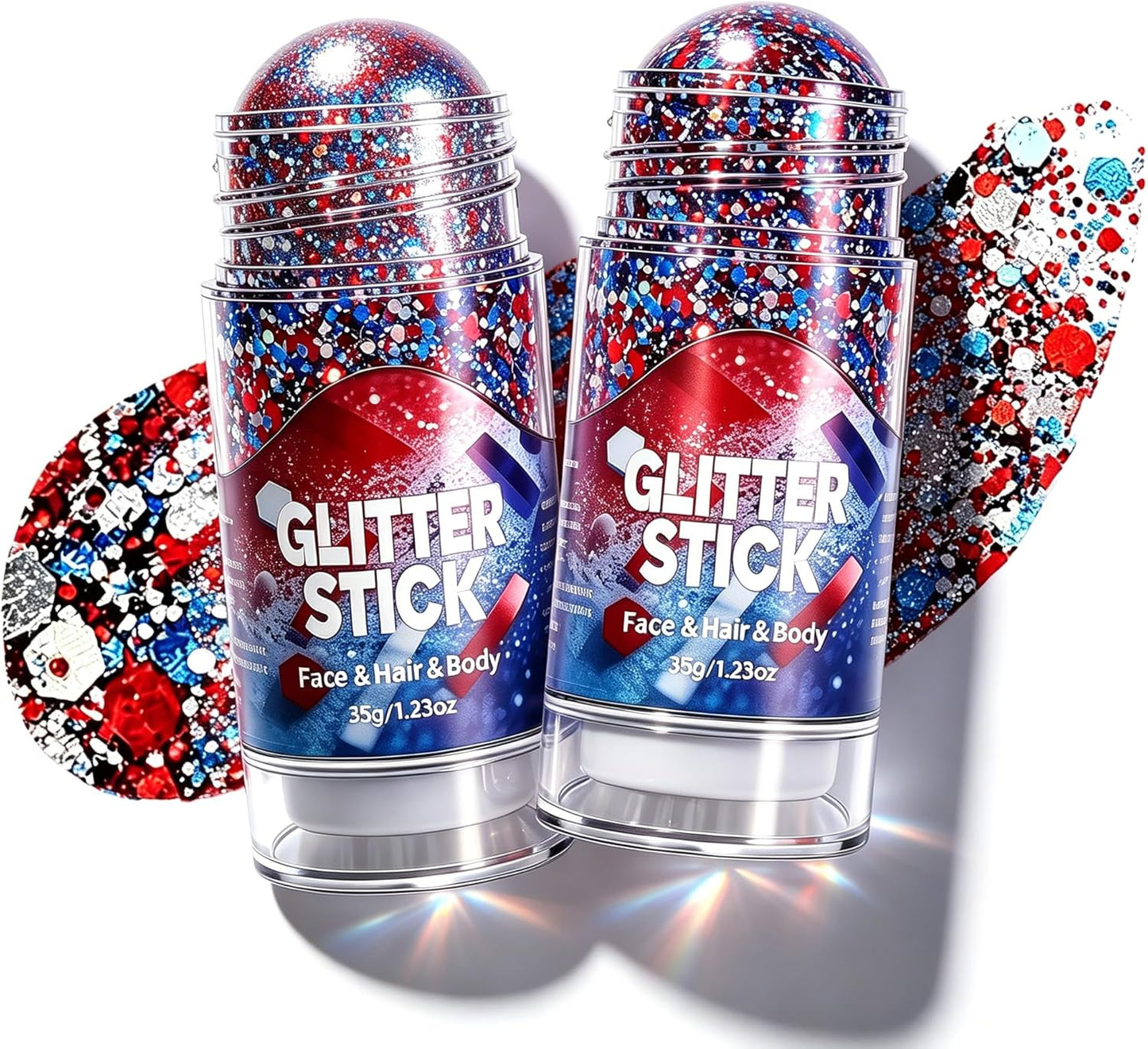 Body Hair Glitter Stick - 2 Pack Red White Blue USA Flag Face Glitter for 4th of July | Waterproof Makeup for Women & Kids