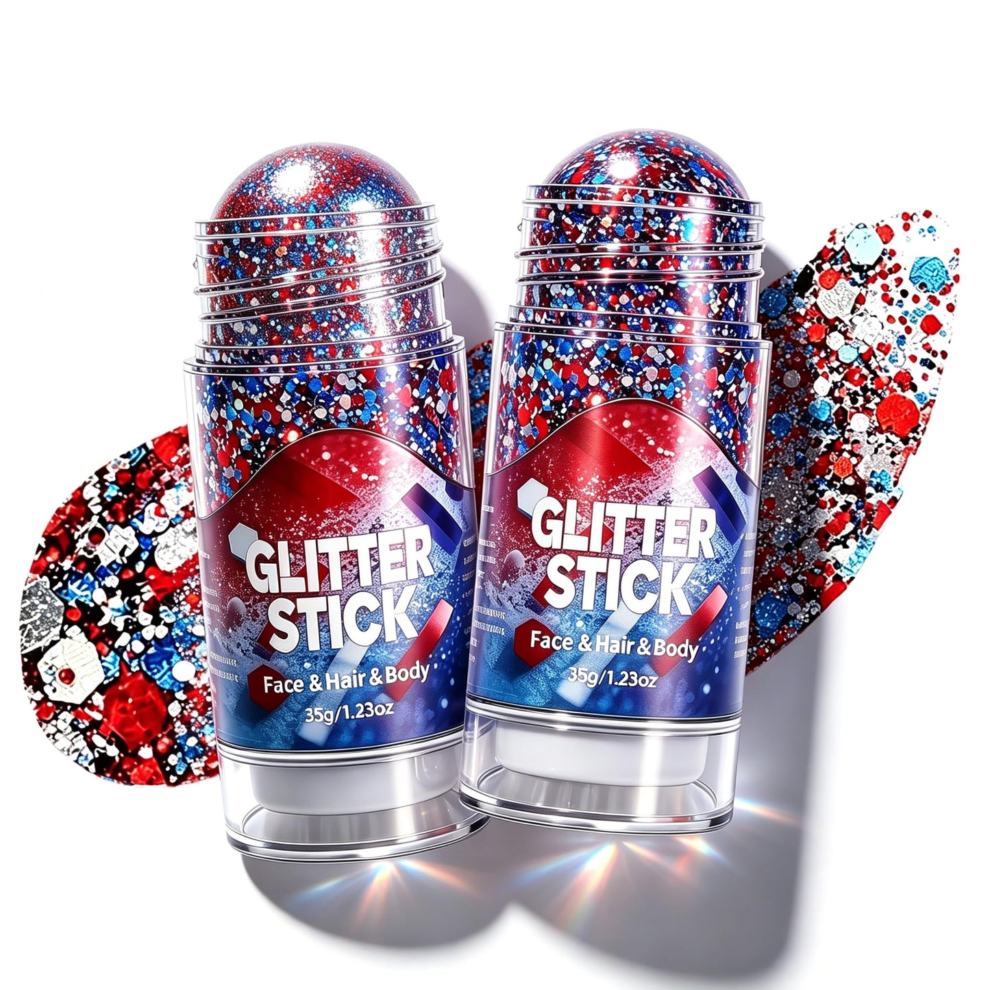 2 Pack Red White Blue Body Hair Glitter Stick, 2026 New USA Flag Star Face Glitter for 4th of July Outfits Women Kids, Waterproof Makeup Glitters for 250th Anniversary Accessories