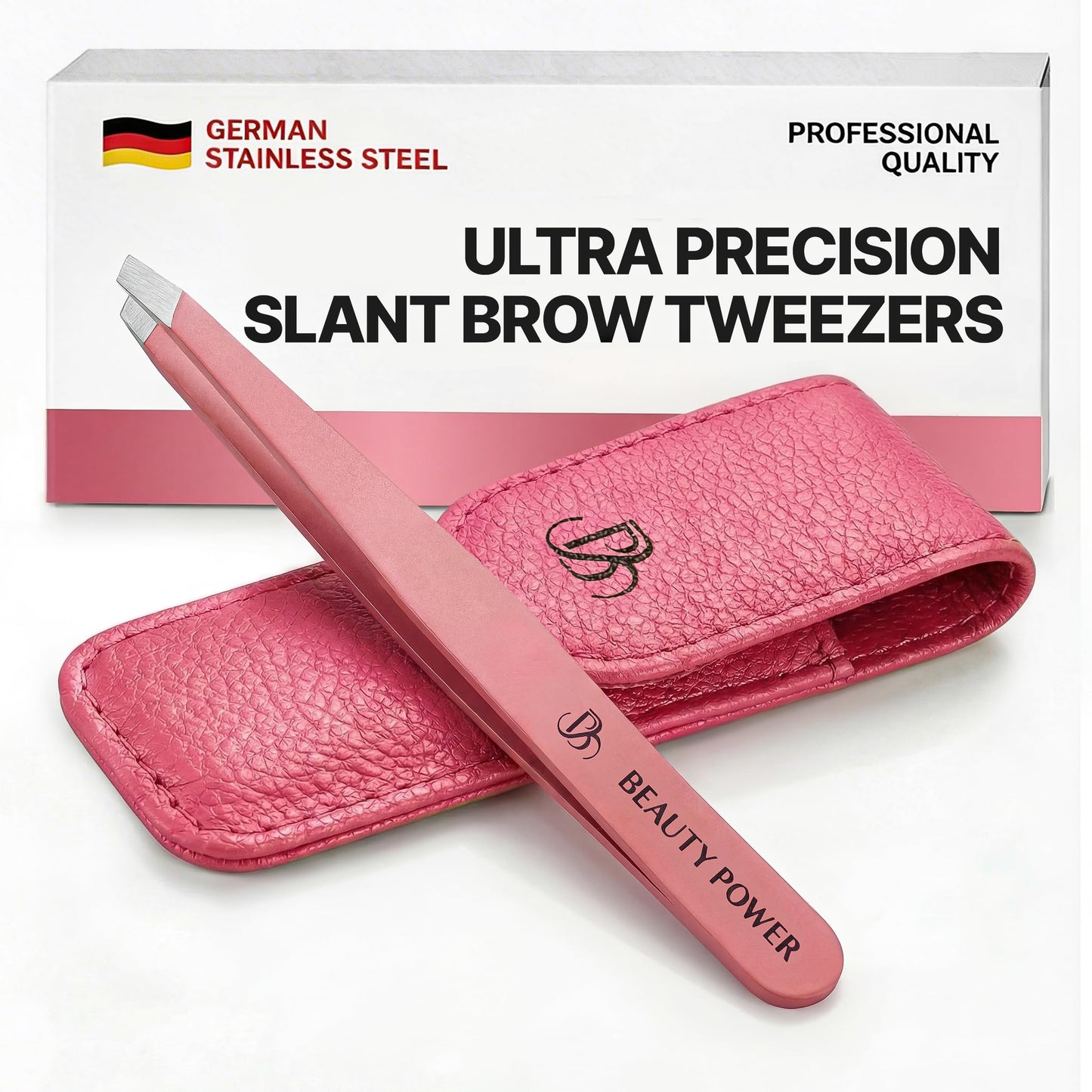 Beauty Power Professional Tweezers in Case - Slant, Durable Lightweight German Stainless Steel, Ultra Precision Tweezers for Eyebrows, Facial Hair, Chin, and Ingrown Hair Removal - Gift Idea - Pink