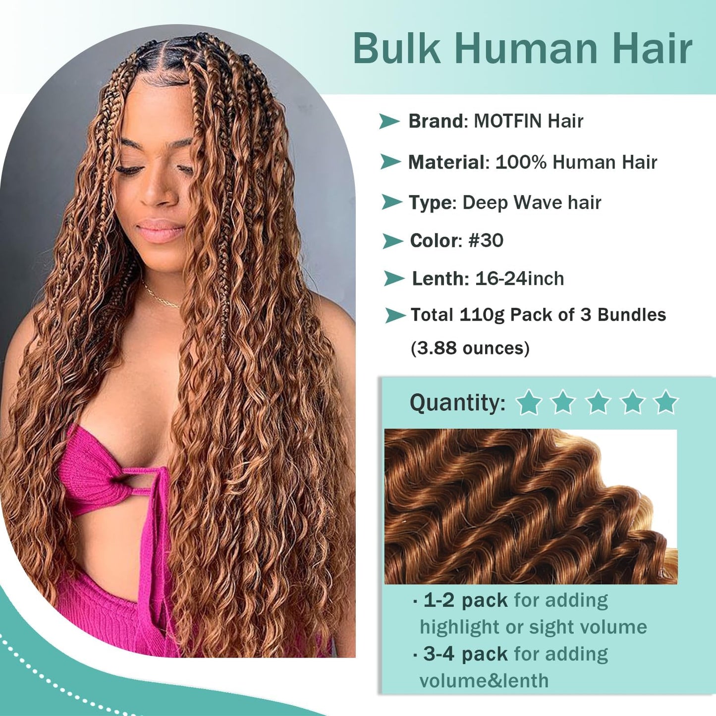 MOTFIN Human Braiding Hair for Boho Braids 22 Inch Curly Wave Bulk Bundles