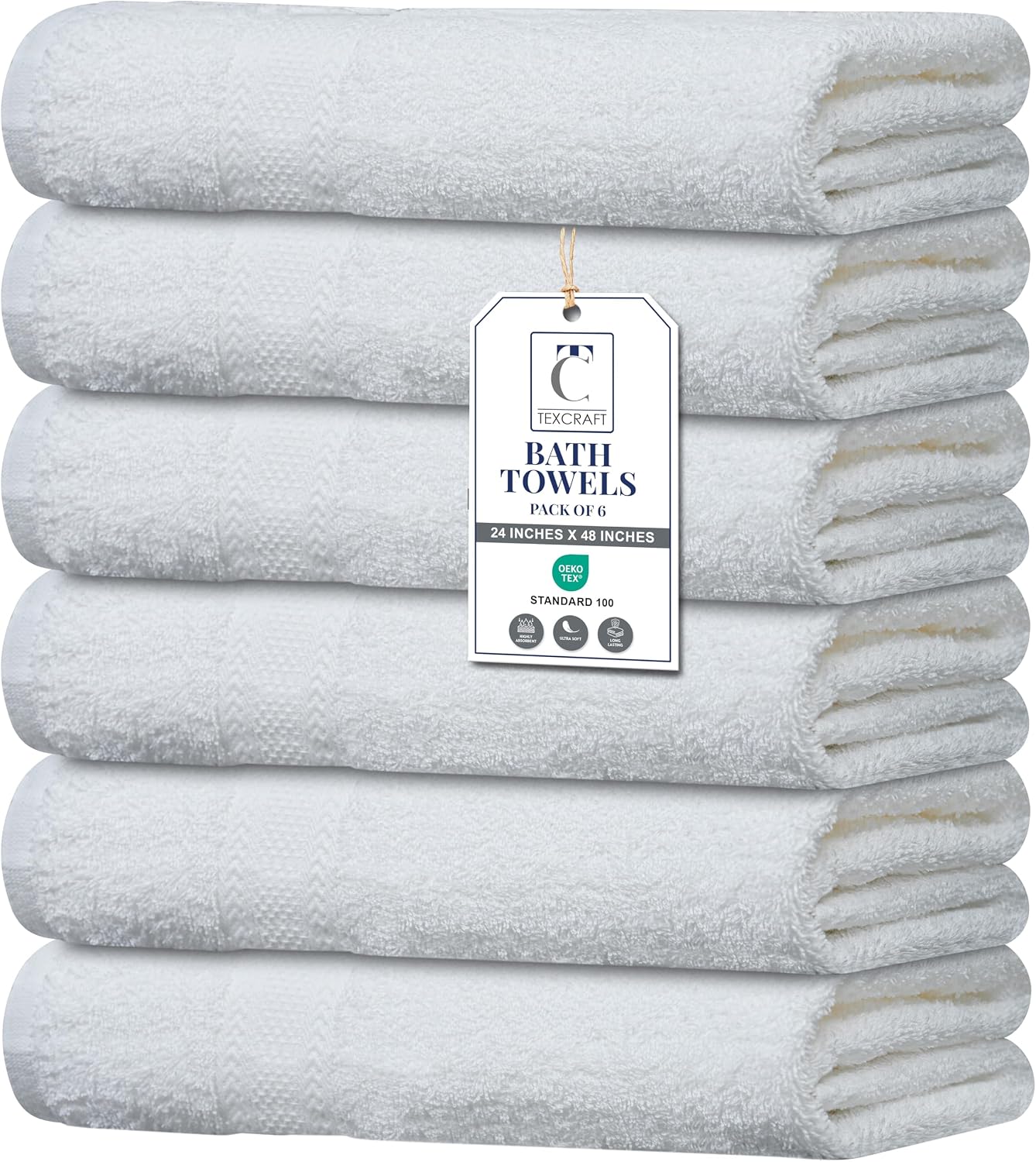 Large Bath Towels Set of 6 - 100% Cotton Terry, Quick Dry & Soft - 24" x 50", Grey for Bathroom, Gym & Spa