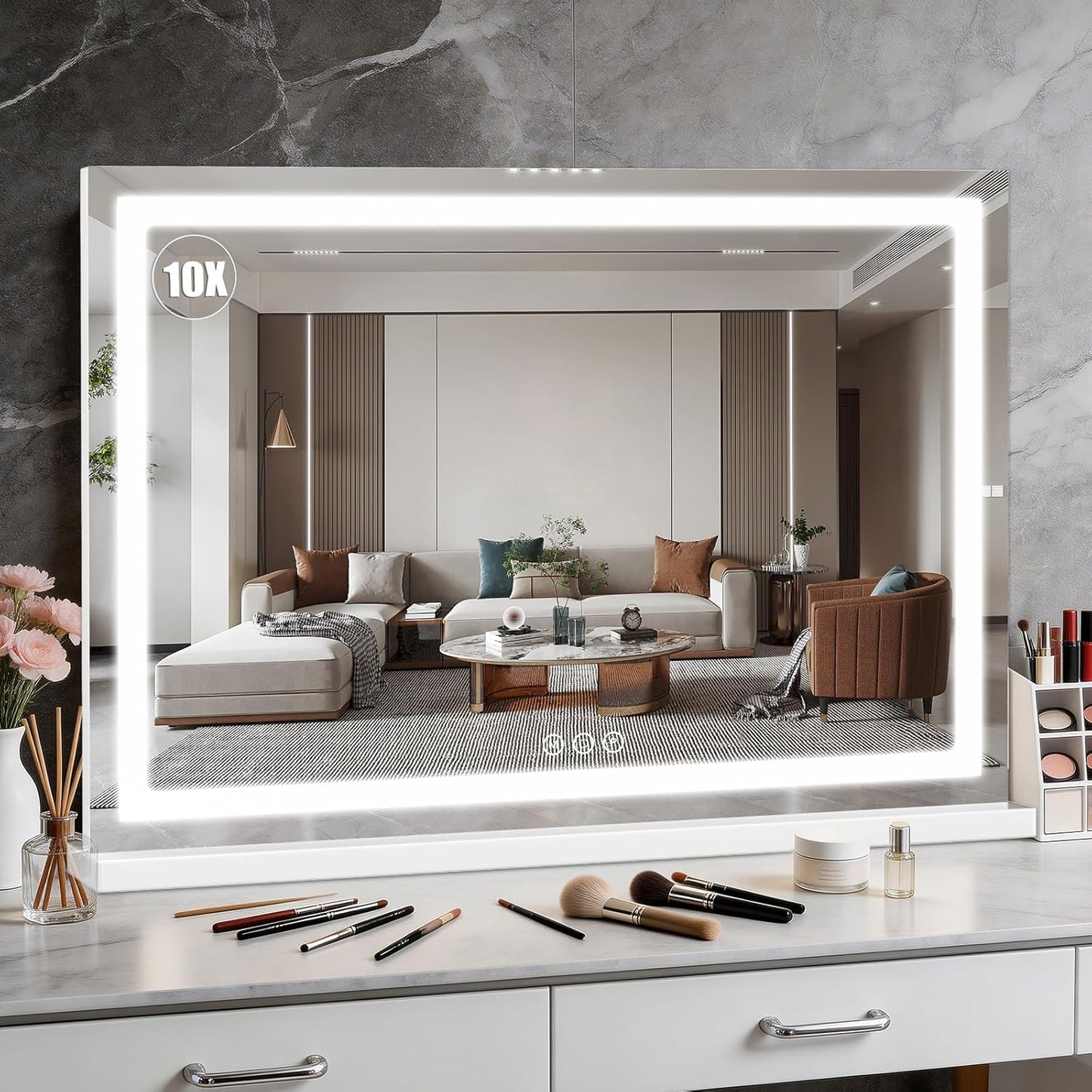 LED Makeup Mirror with Lights - 15" x 12.2" Dimmable Vanity Mirror with Smart Touch & 3-Color Lighting | 360° Rotation, White