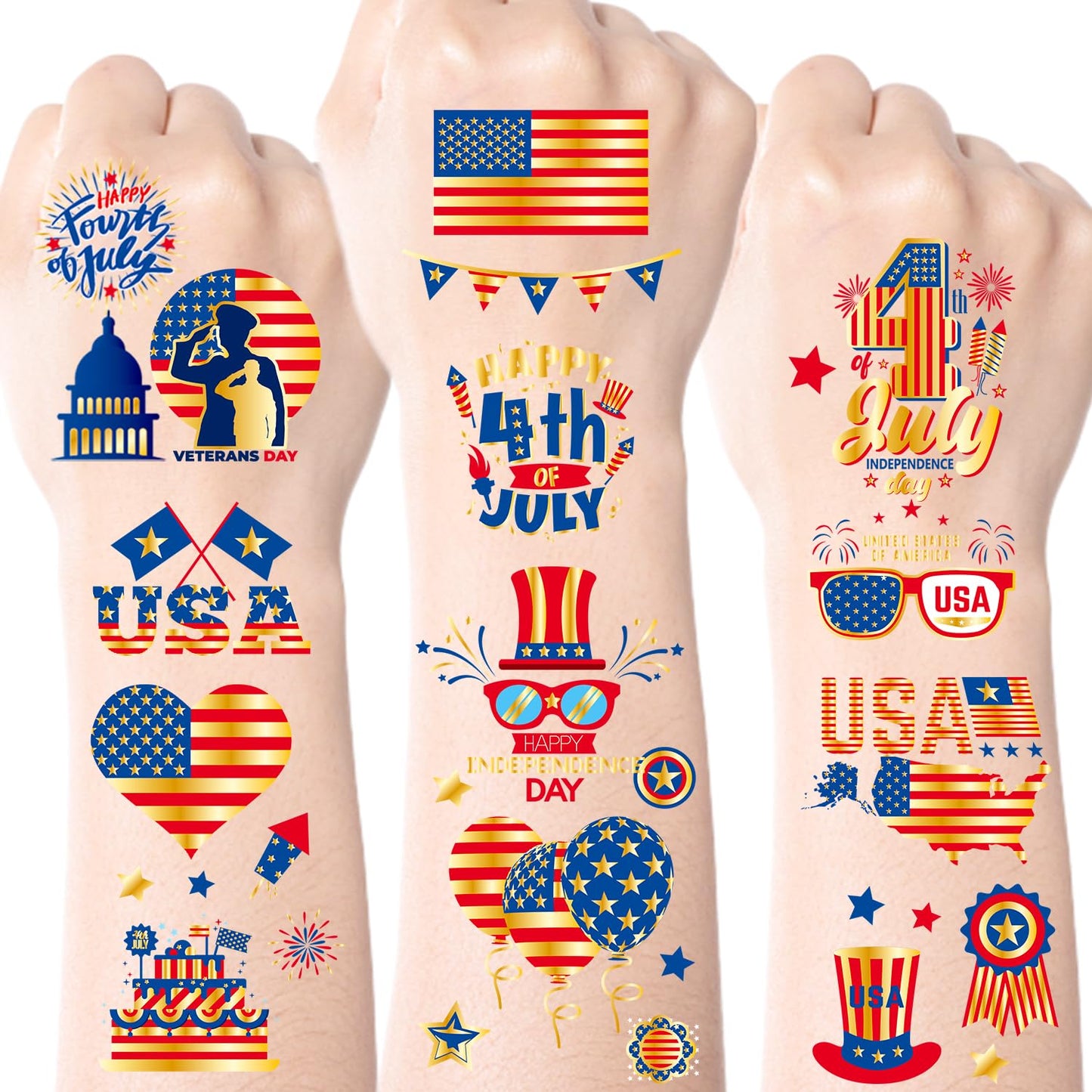 4th of July Temporary Tattoos - Cute Independence Day Stickers for Kids & Adults | Red, White & Blue Party Favors