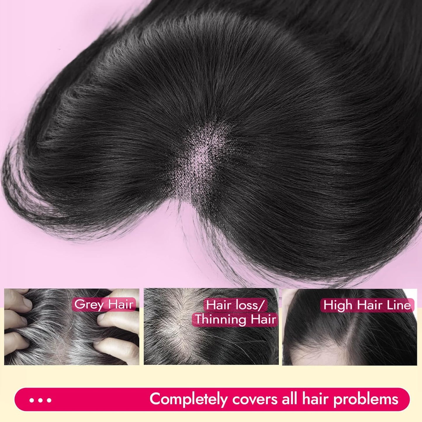 Black Synthetic Hair Toppers for Women - 5x6 Inch Large Base, Clip-In Wispy Bangs, 24 Inch Long Layered