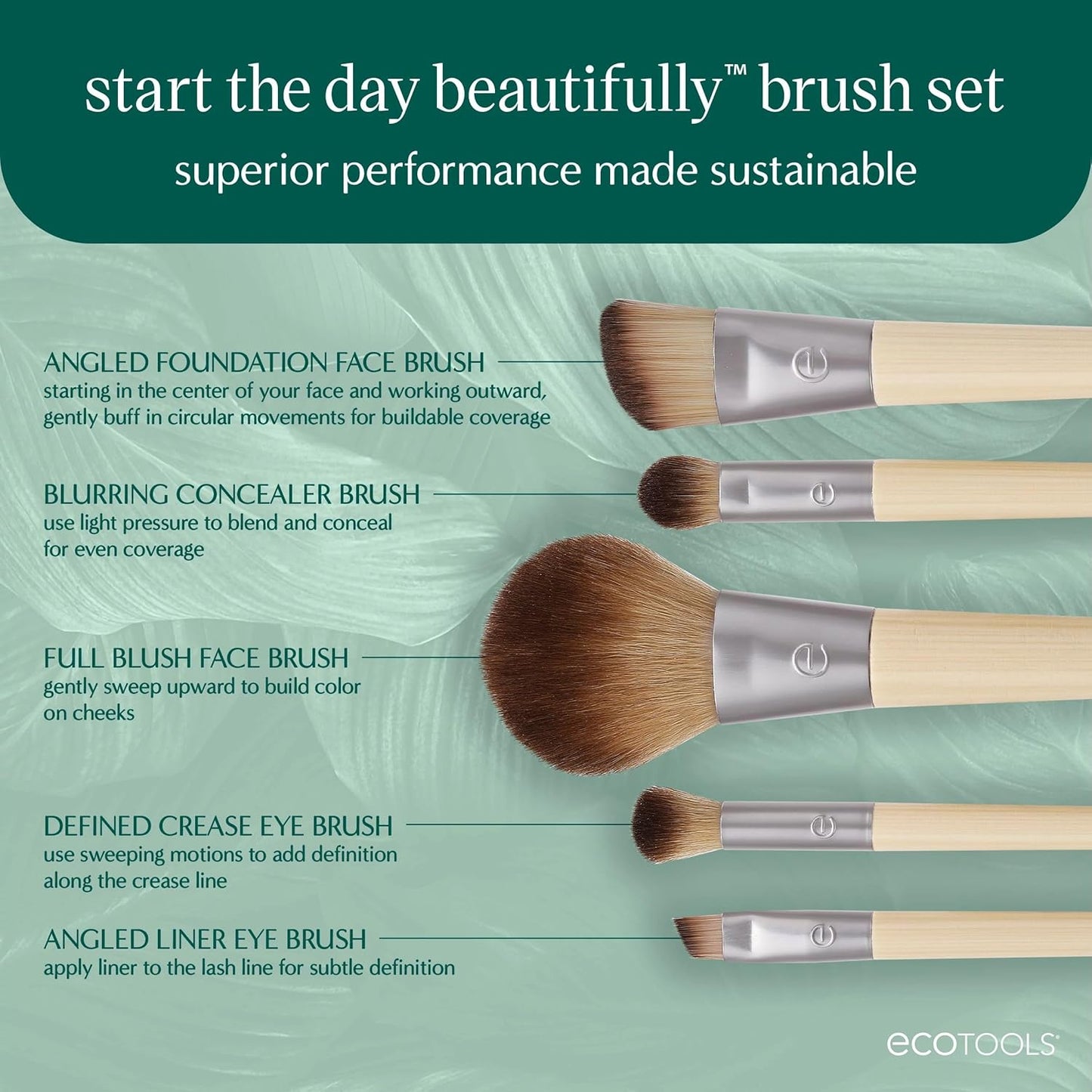 EcoTools Makeup Brush Set - 6 Piece Eco-Friendly Kit for Eyeshadow, Blush & Foundation | Vegan & Cruelty-Free