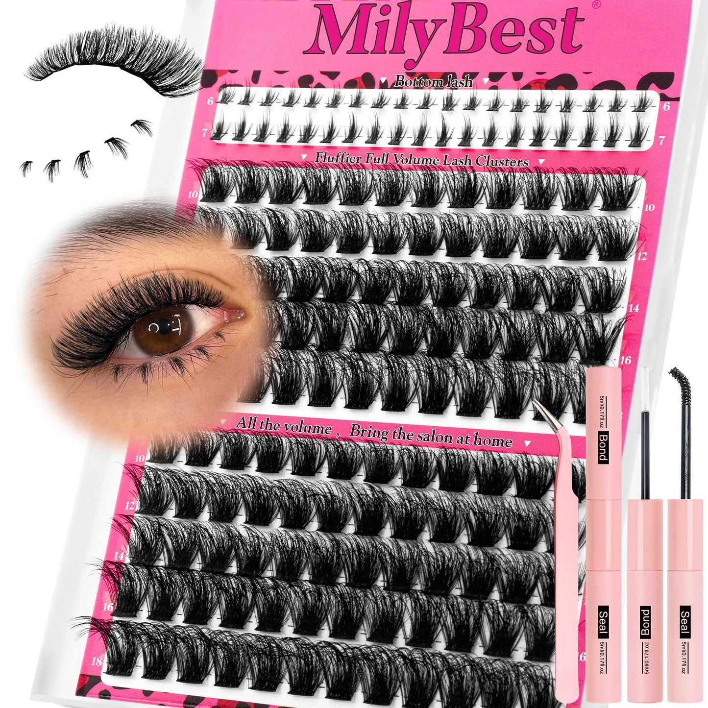 MilyBest Fable Lash Clusters Kit Volume Fluffy Eyelash Clusters with Bottom Lashes 10-18mm Individual Lashes Clusters Manga Lash Extension Kit Waterproof Bond and Seal Thick Full D-Curly Eyelashes