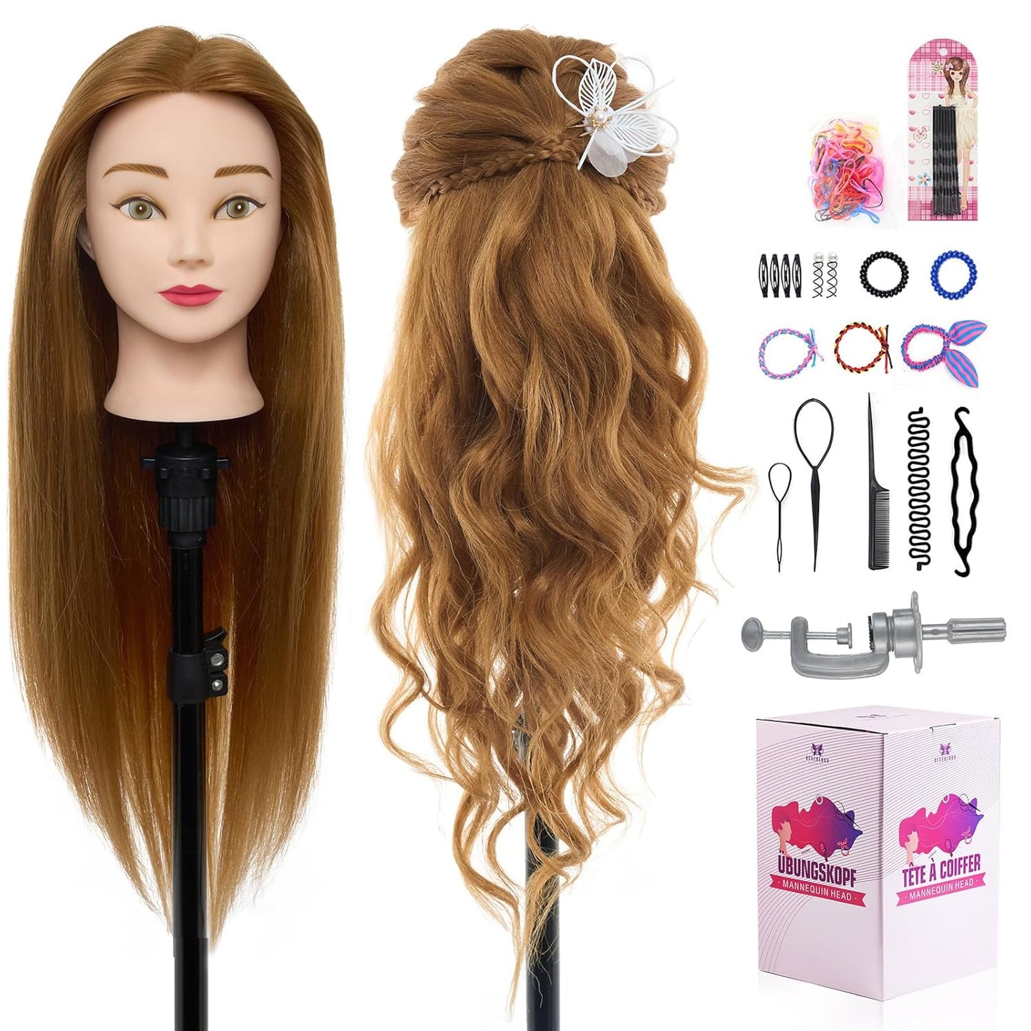 Real Hair Mannequin Head - 18" Human Hair Cosmetology Training Doll for Styling, Dying & Braiding | Black