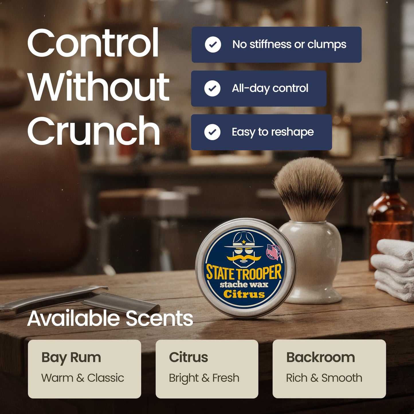 State Trooper Mustache Wax for Men – Medium Hold with Beeswax, Coconut Oil & Lanolin – Natural Moustache Grooming & Styling Wax with Citrus Scent - Nourishing Conditioner & Sculpting