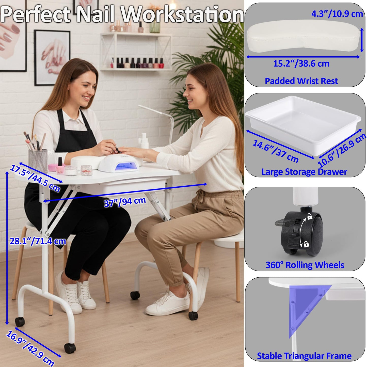 Mohzate Portable Manicure Nail Table Professional Rolling Nail Station with Drawer and Wrist Rest Foldable Nail Tech Desk with Wheels and Carry Bag for for Salon, Studio and Home Use