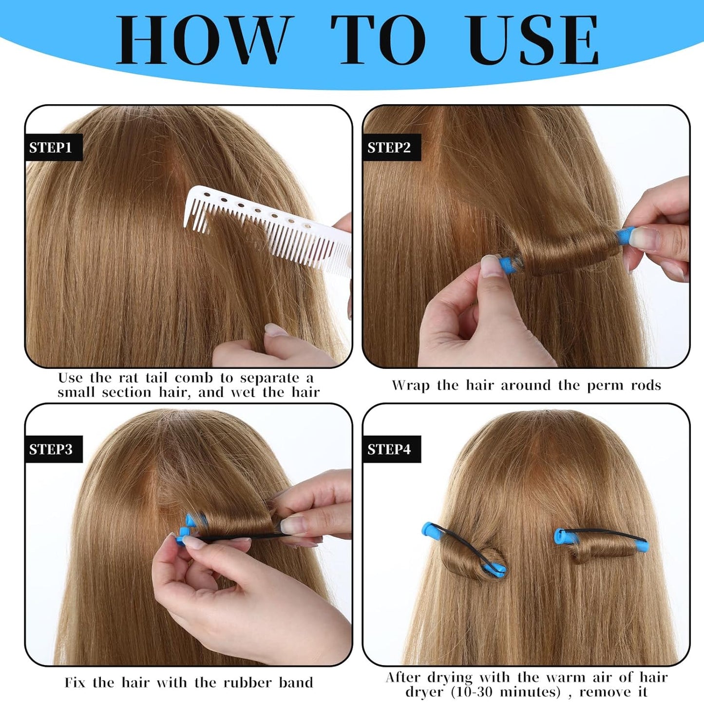 30 Pcs Perm Rods Set - Plastic Cold Wave Hair Curling Rollers for Natural Hair | 0.35 Inch, Blue