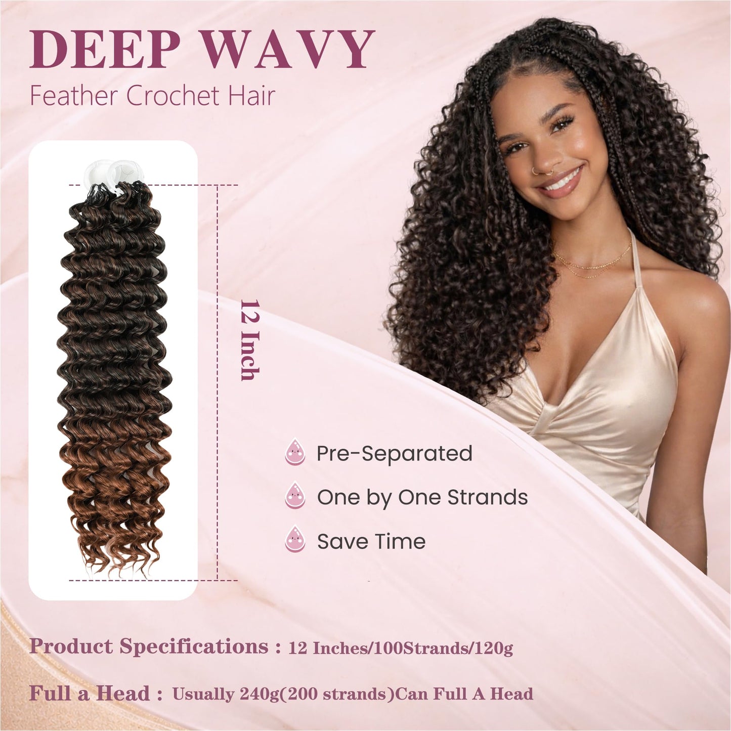 Feather Crochet Hair For Black Women, 100 Strands 120g Synthetic Deep Wave Pre-Separated Crochet Hair for Miracle Knots,Invisible Burmese Curly Hair Extensions (T30#, 12 Inch(200Strands))