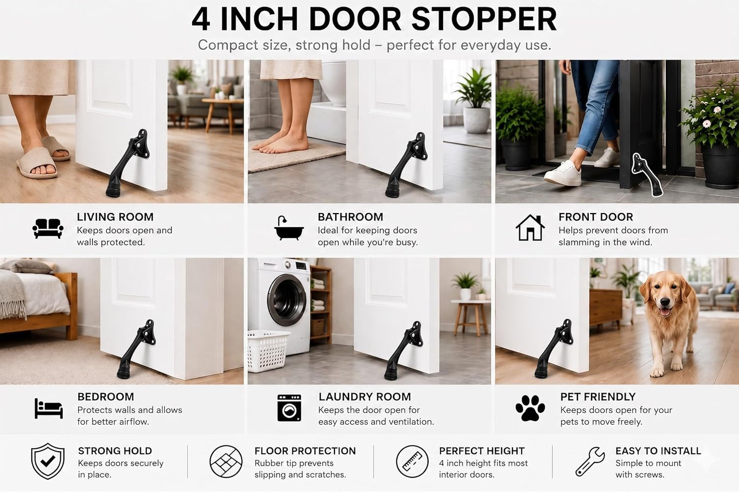 4-Inch Kick Down Door Stopper - Zinc Alloy with Non-Slip Rubber Foot | Screw Mount for Wood, Tile, Carpet & Concrete Floors