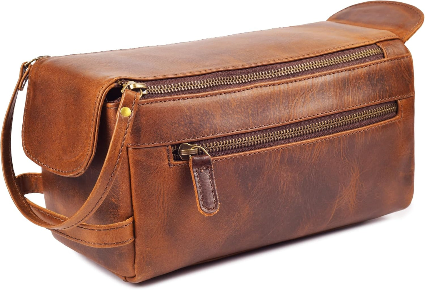 Full Grain Leather Toiletry Kit - Water-Resistant Travel Organizer for Men & Women | Rustic Brown Grooming Case