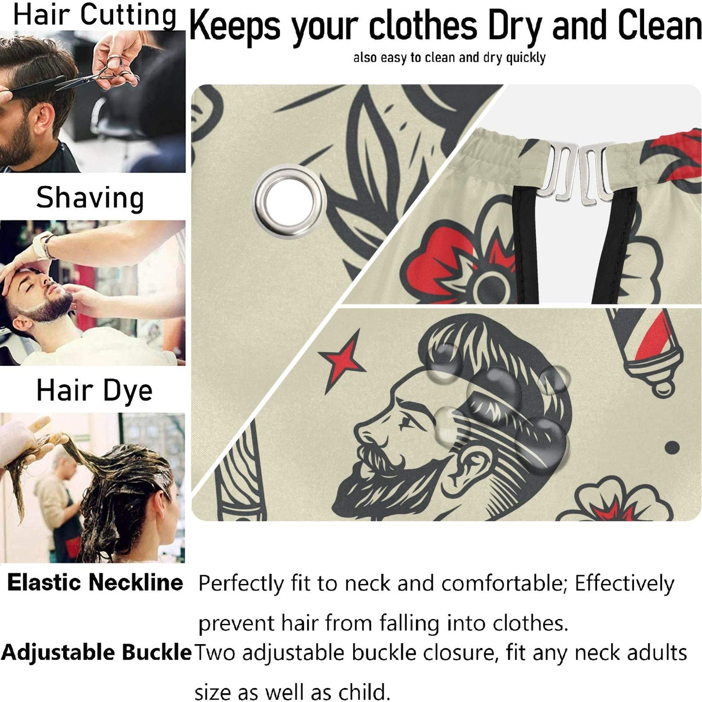 visesunny Barbershop Tattoo Vintage Seamless Pattern Barber Cape Anti-Static Hair Cutting Cape with Snap Closure Professional Salon Polyester Beard Shaving Bib Water-Resistant Hairdressing Cape Adjust