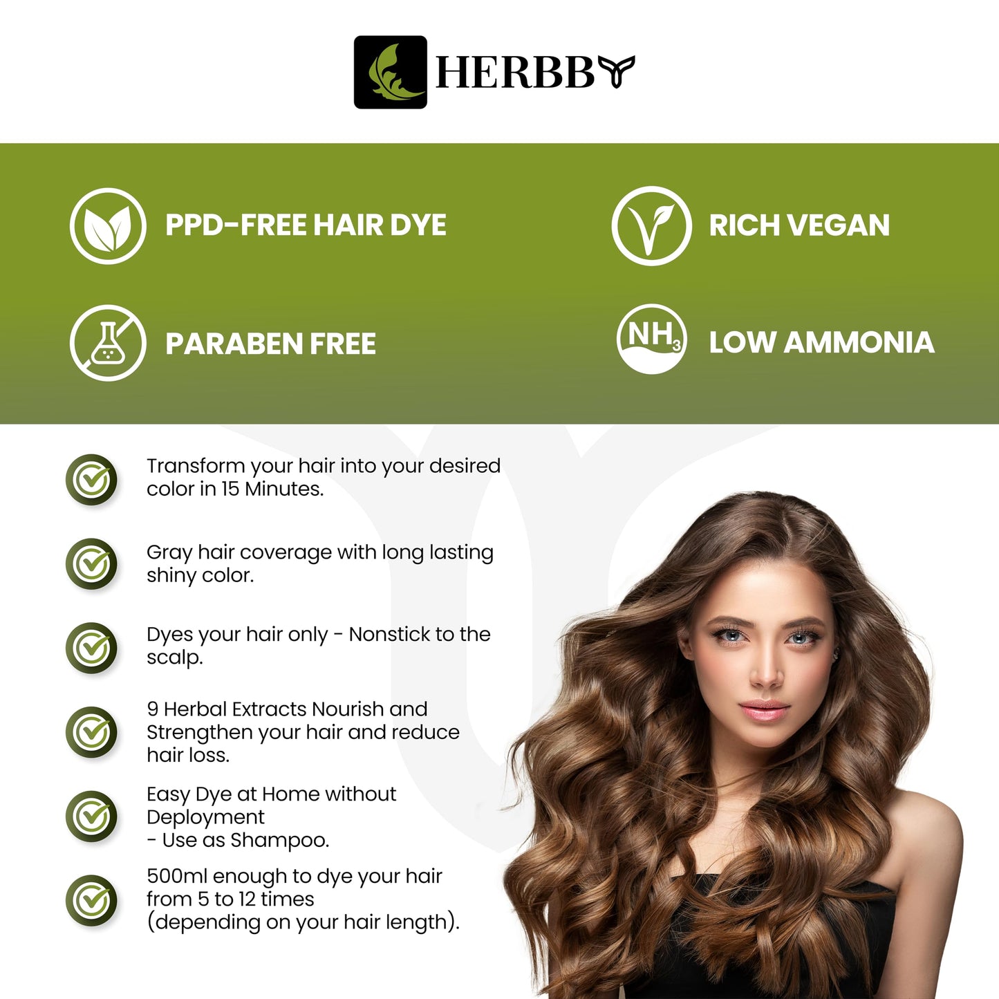 HERBBY Gray Hair Coverage Shampoo & Conditioner - Color Transform with 9 Herbal Extracts, Long-Lasting (6-8 Weeks), Shiny, Even Coloring, Instant Hair Dye, 500 ml (CHESTNUT BROWN)