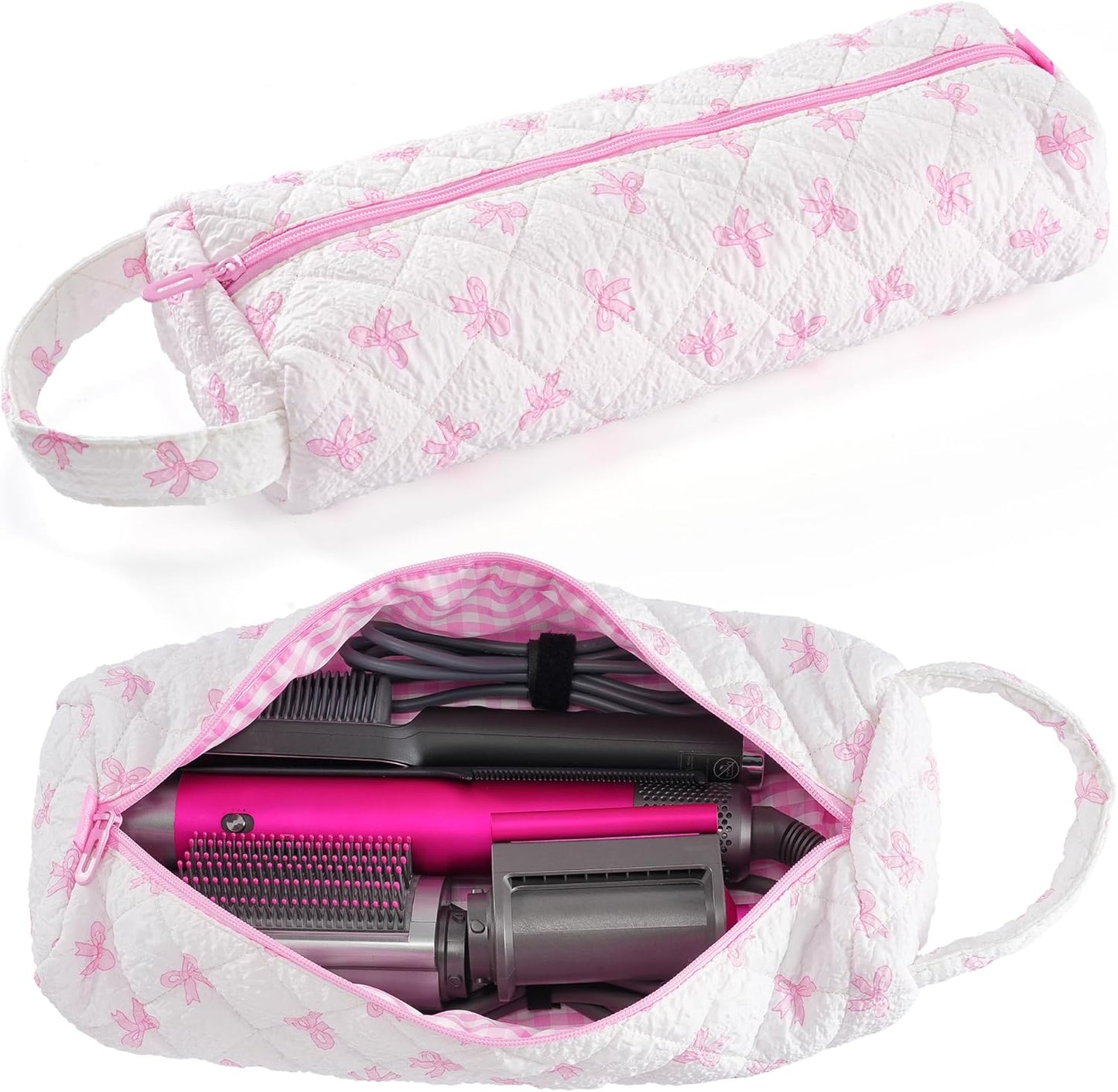 Quilted Hair Tools Travel Bag - Portable Organizer for Dyson Airwrap & Shark FlexStyle | Pink Plaid Floral