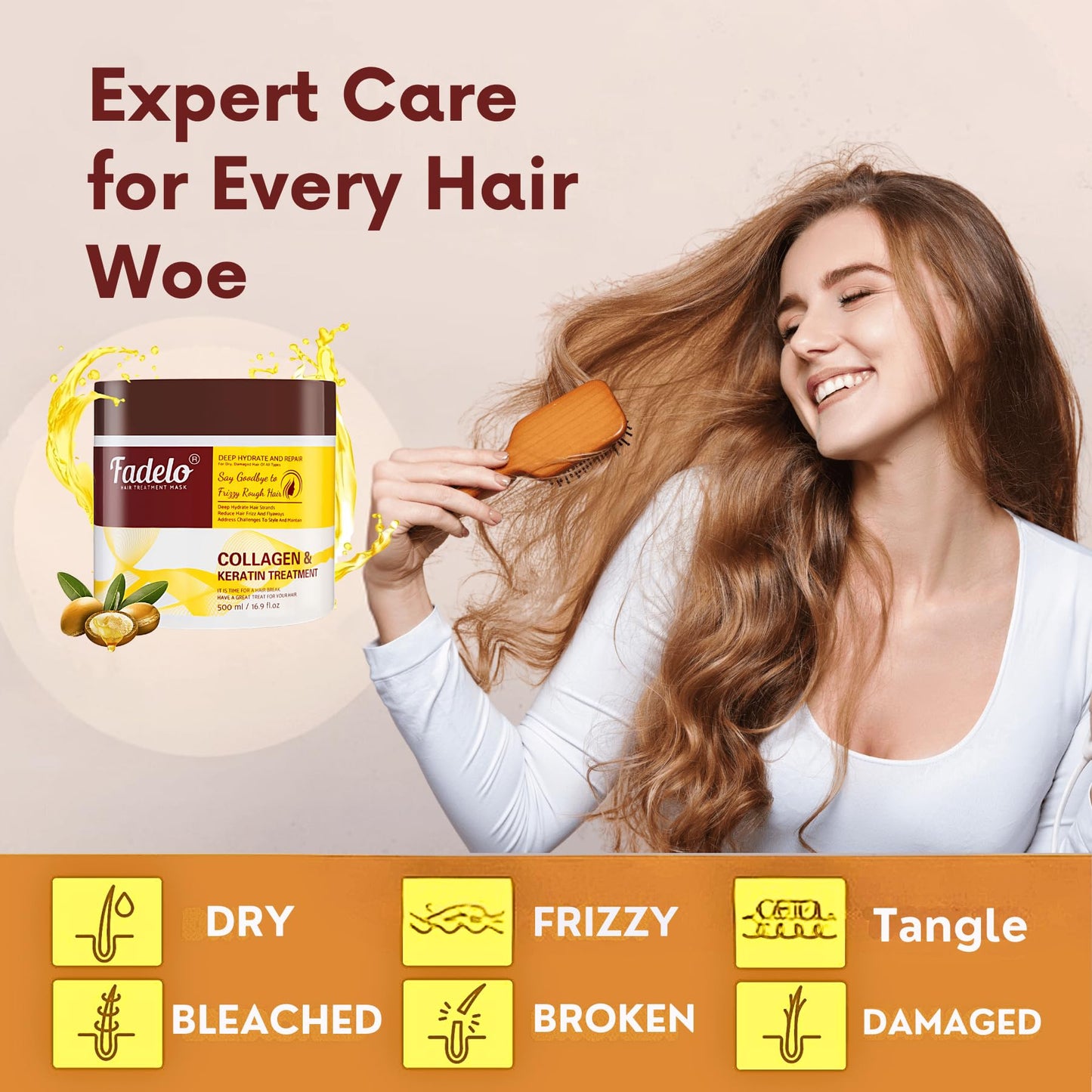 Fadelo Keratin Hair Treatment, Deep Conditioning Hair Mask for Damaged Hair with Collagen & Keratin, Professional Hair Care Solution, 500ml (16.9 Fl Oz)