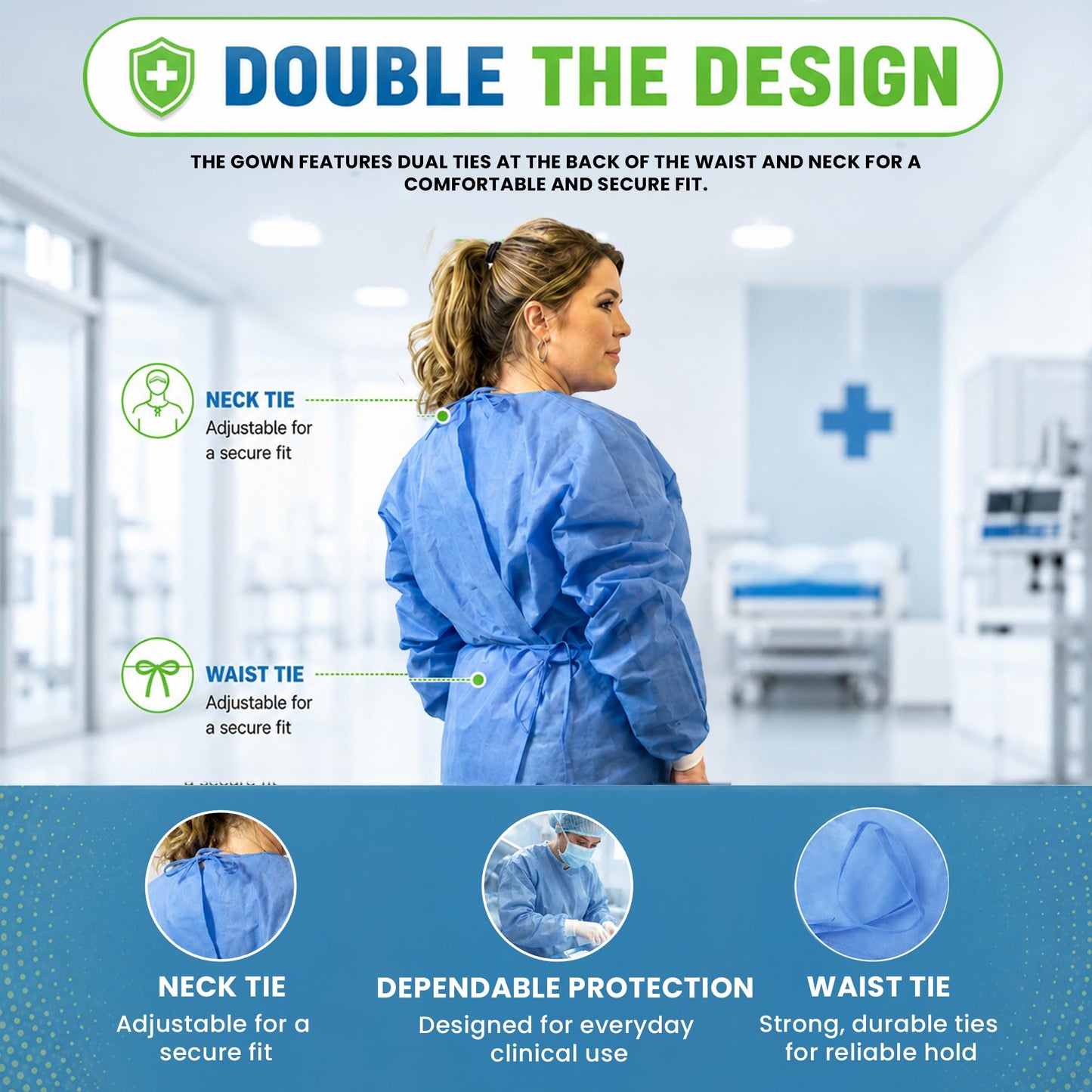 Disposable PPE Isolation Medical Gowns 10-Pack – Level 2, Full Back Coverage, Double Tie Closure, SMS 35g Material, Knit Cuffs, Unisex, Professional Blue for Healthcare & Lab Use