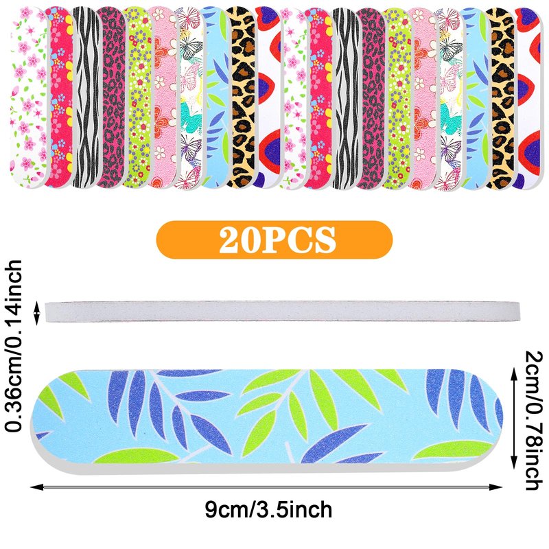 PEOVLVN 20Pcs Mini Nail Files Bulk Emery Boards for Acrylic & Natural Nails Colorful Floral Double Sided Mini Nail Buffer Manicure Tools for Women Girls Home and Salon Use