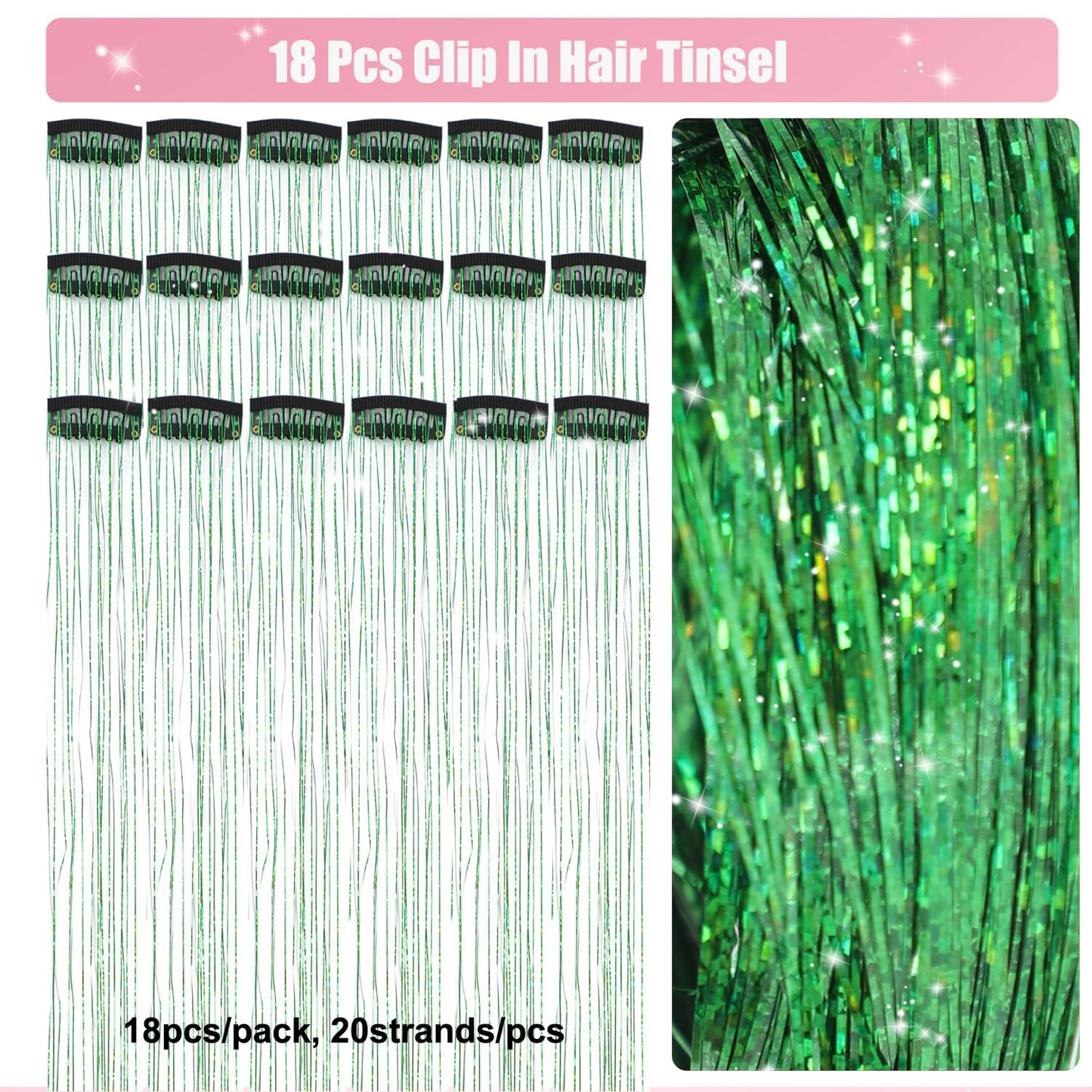 Aokomisu Hair Tinsel Pack of 18 Pcs Hair Tinsel Clip in 20 Inch Clip in Hair Tinsel Kit Glitter Tinsel Hair Extensions Fairy Dazzle Hair Accessories for Girls Kids Women (Green)