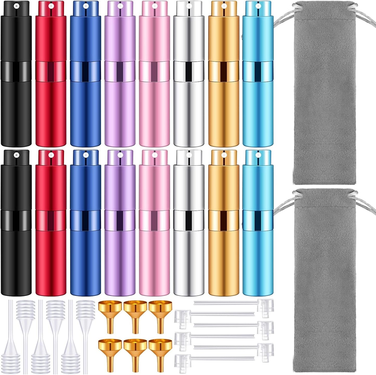 Refillable Perfume Atomizer - 16 Pack 8ml Travel Spray Bottles with Funnel | Portable Mini Cologne Sprayers (Multicolor)