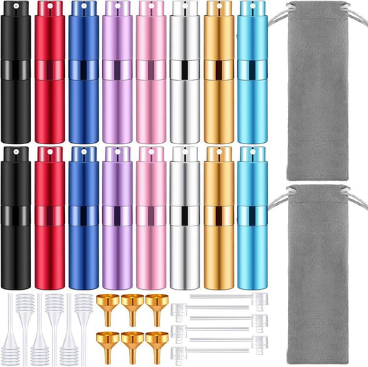 Refillable Perfume Atomizer - 16 Pack 8ml Travel Spray Bottles with Funnel | Portable Mini Cologne Sprayers (Multicolor)