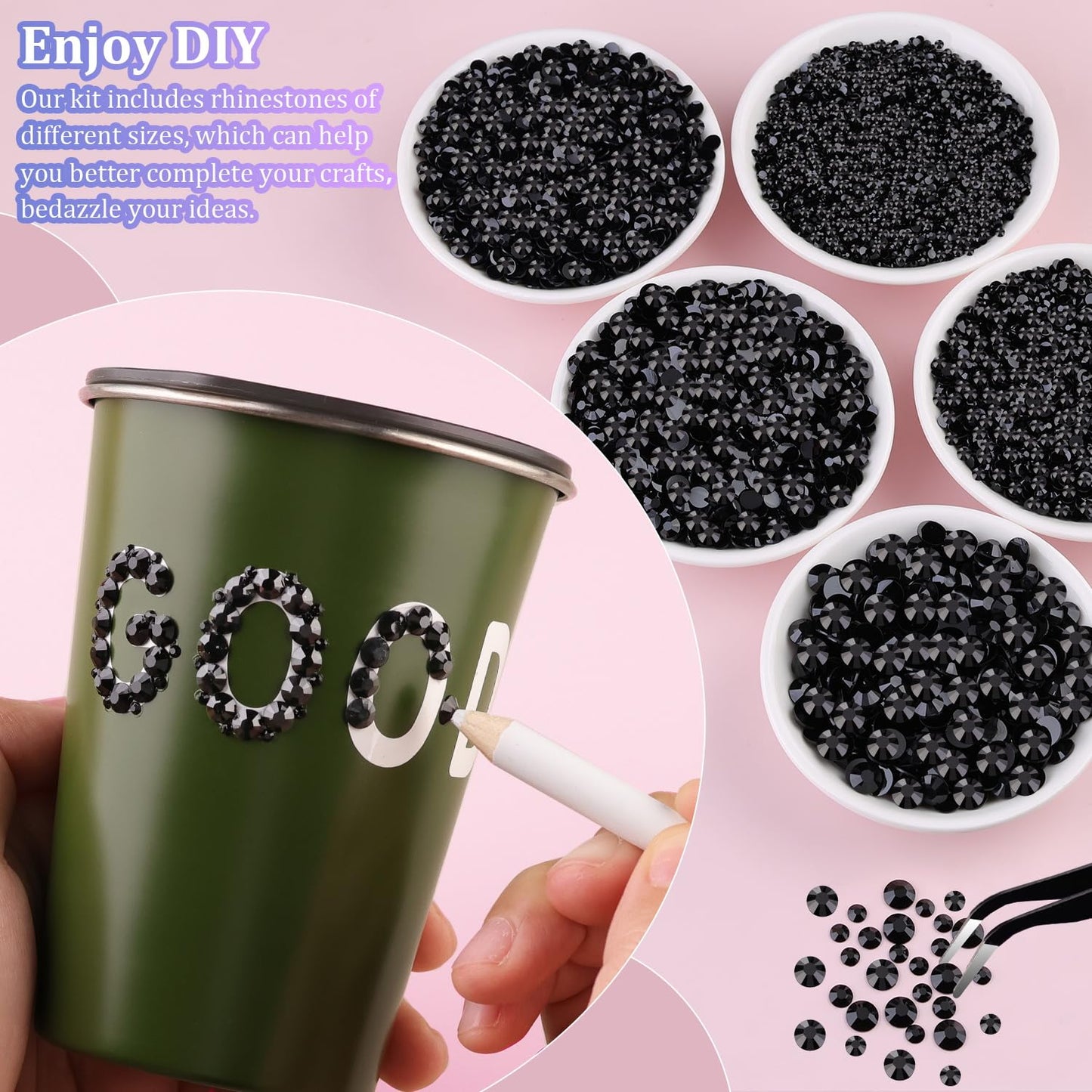 32000 Pcs Black Rhinestones - Flatback Resin Gems for Bedazzling | Jewelry Glue & Tweezers Included