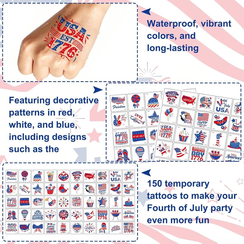 150 PCS 4th of July Temporary Tattoos - Patriotic American Flag Stickers for Kids | Red, White, and Blue Designs